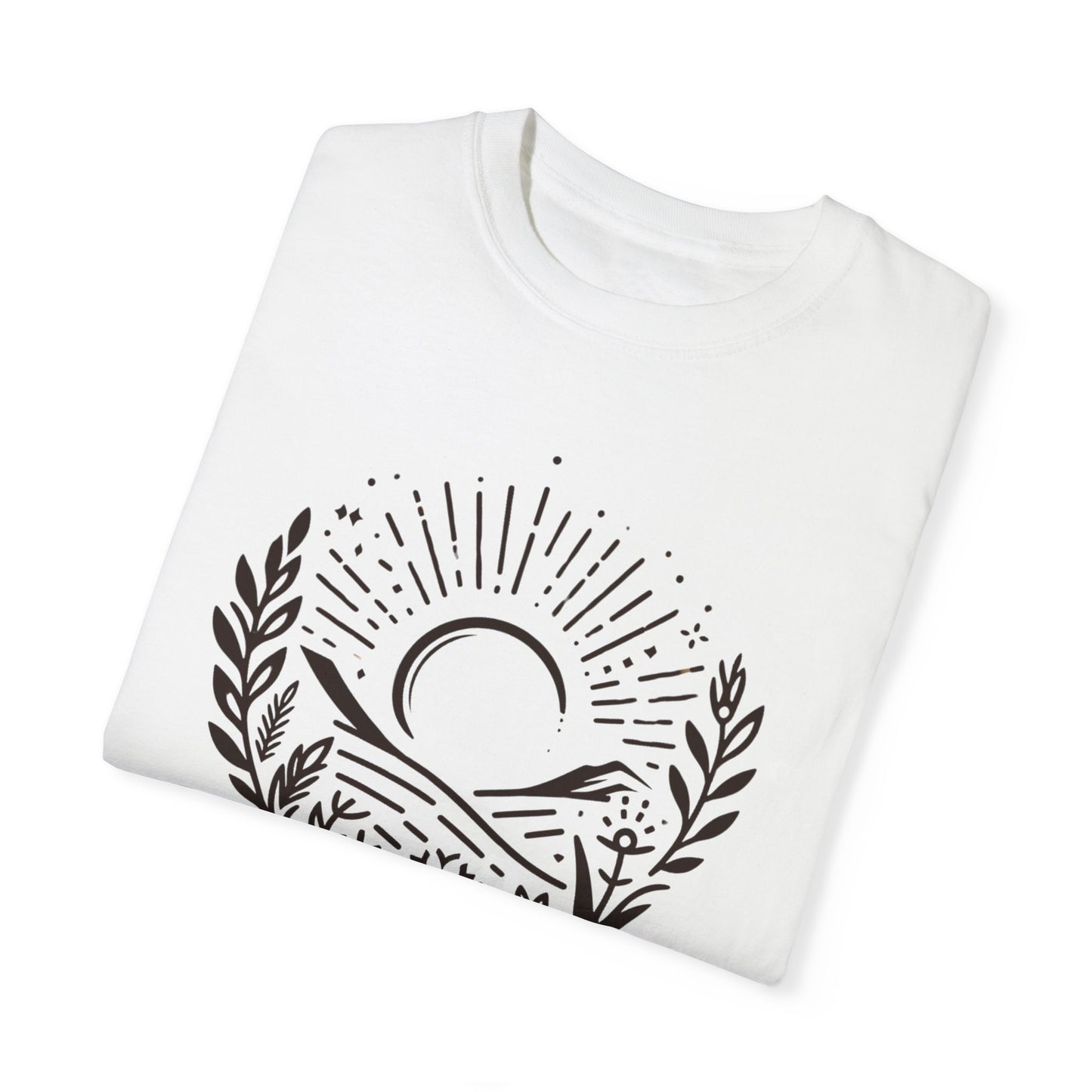 Unisex Garment-Dyed T-Shirt with Sunset and Floral Design - Relaxed Vibe for Nature Lovers