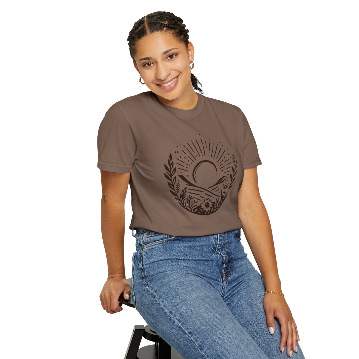 Unisex Garment-Dyed T-Shirt with Sunset and Floral Design - Relaxed Vibe for Nature Lovers