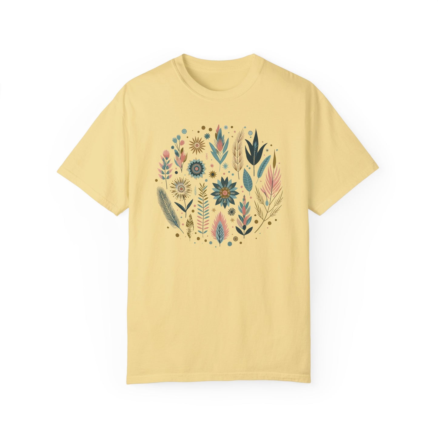 Botanical Print Unisex Garment-Dyed T-Shirt - Casual Floral Graphic Tee