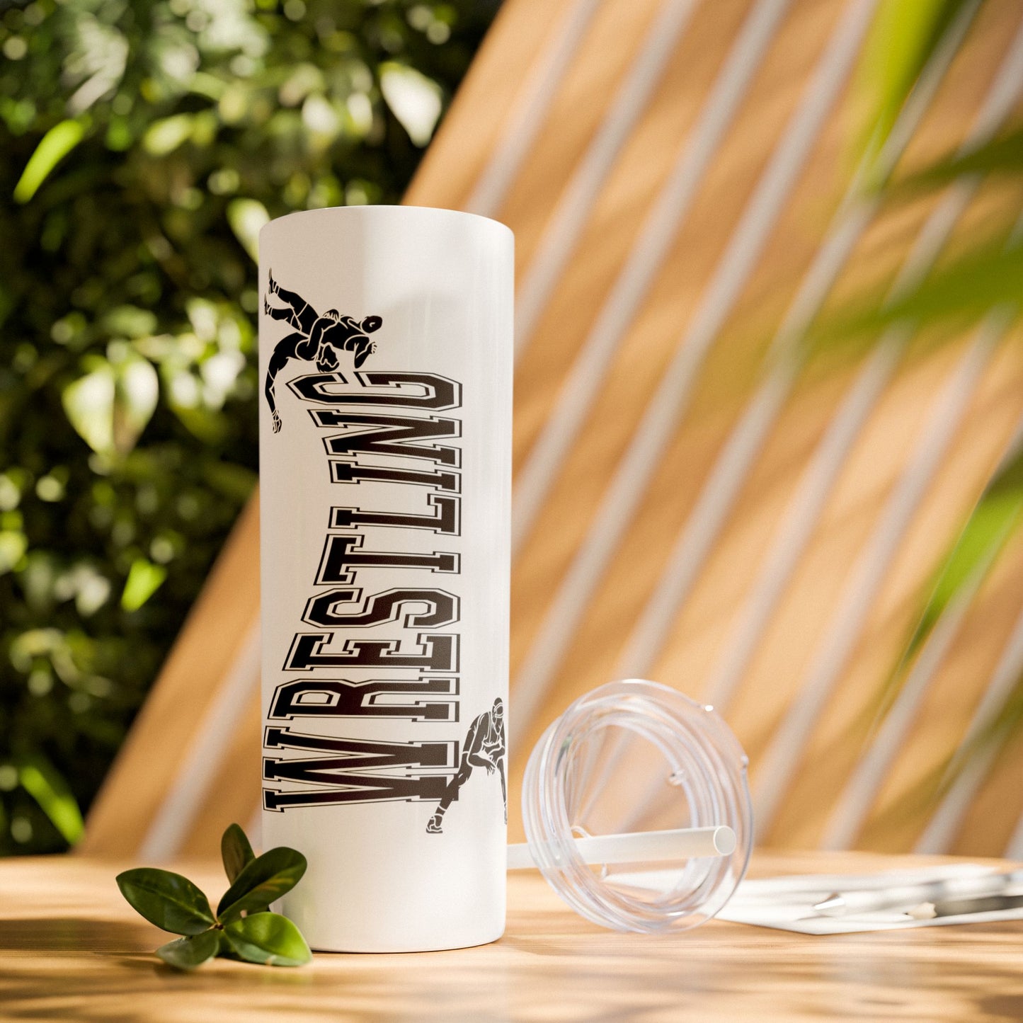 Wrestling Skinny Tumbler with Straw - 20oz Water Bottle for Sports Fans