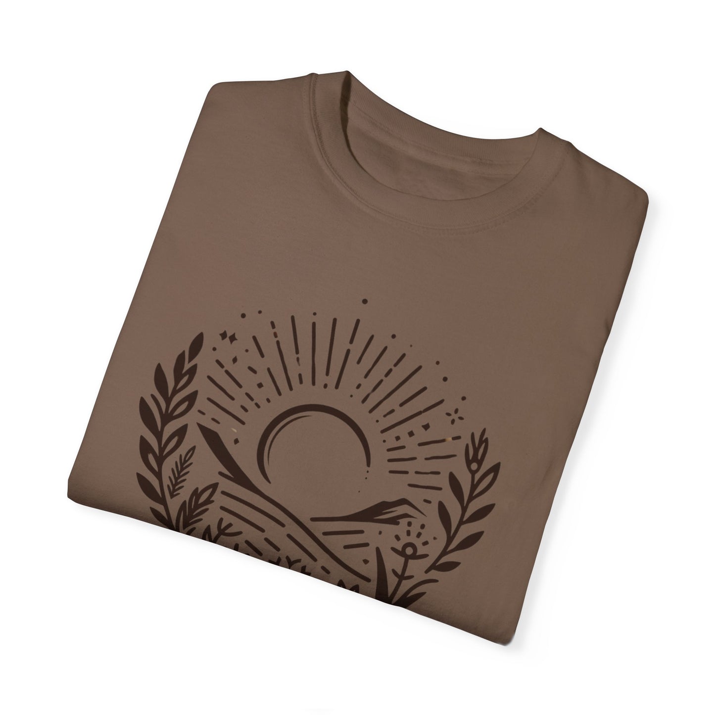 Unisex Garment-Dyed T-Shirt with Sunset and Floral Design - Relaxed Vibe for Nature Lovers