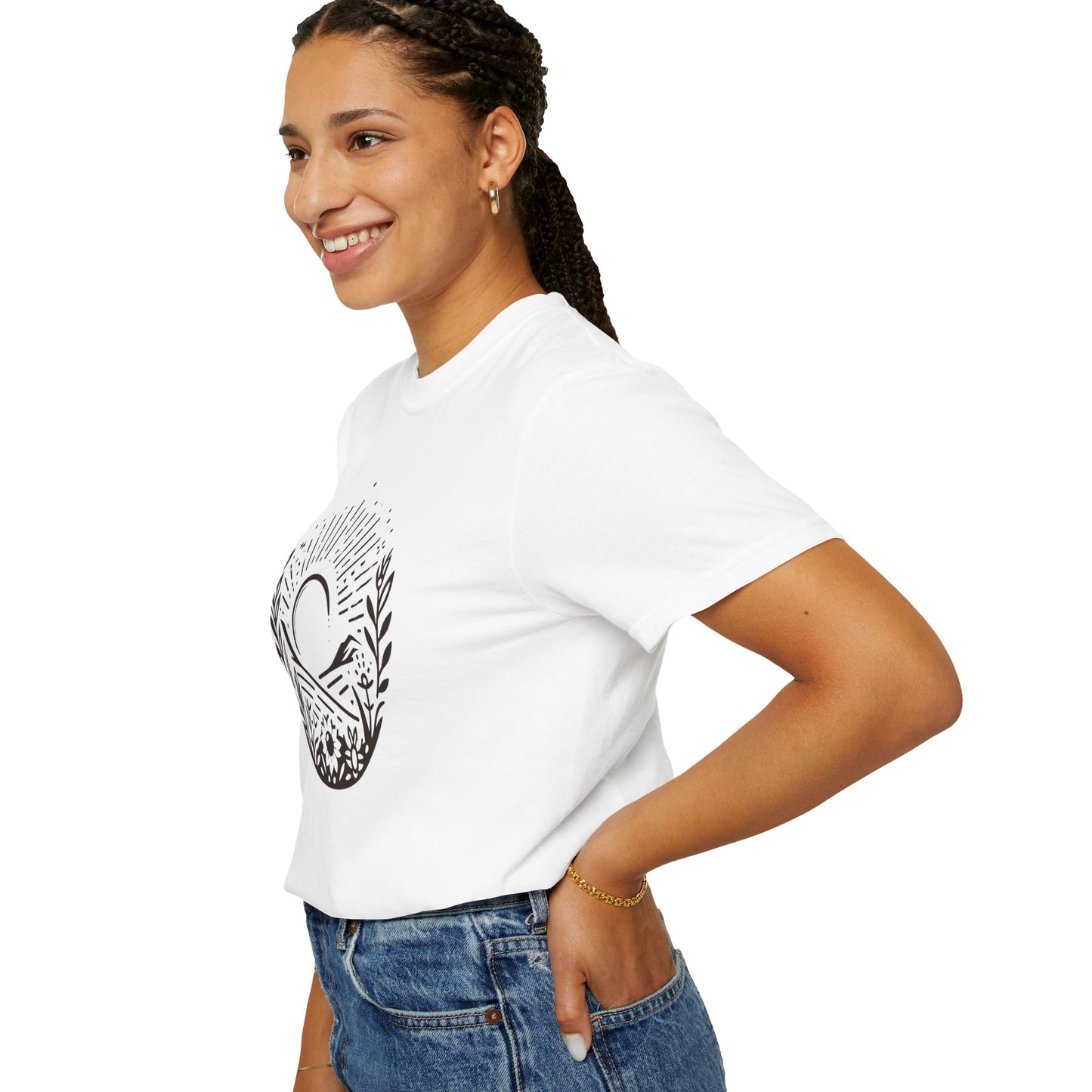 Unisex Garment-Dyed T-Shirt with Sunset and Floral Design - Relaxed Vibe for Nature Lovers