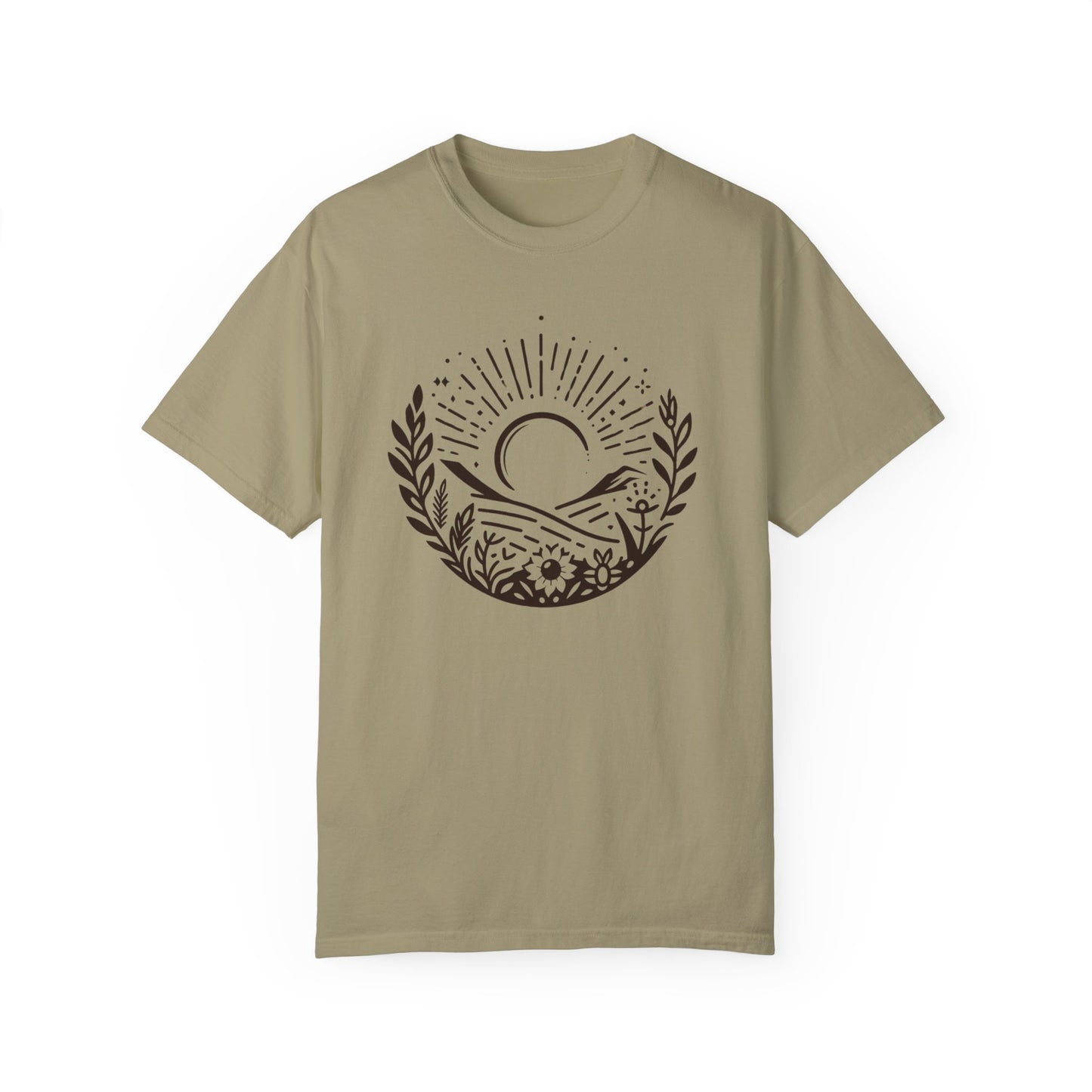 Unisex Garment-Dyed T-Shirt with Sunset and Floral Design - Relaxed Vibe for Nature Lovers