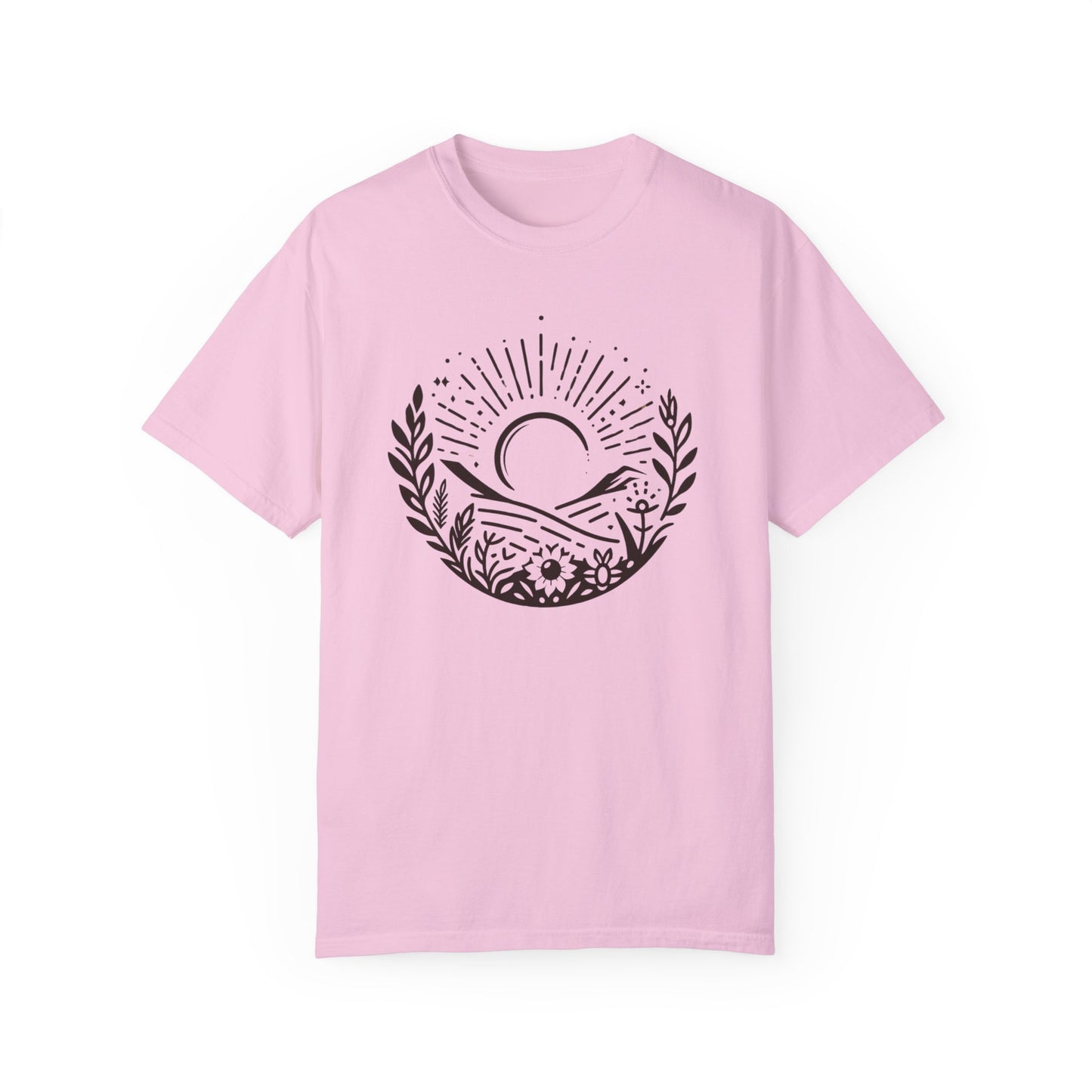 Unisex Garment-Dyed T-Shirt with Sunset and Floral Design - Relaxed Vibe for Nature Lovers
