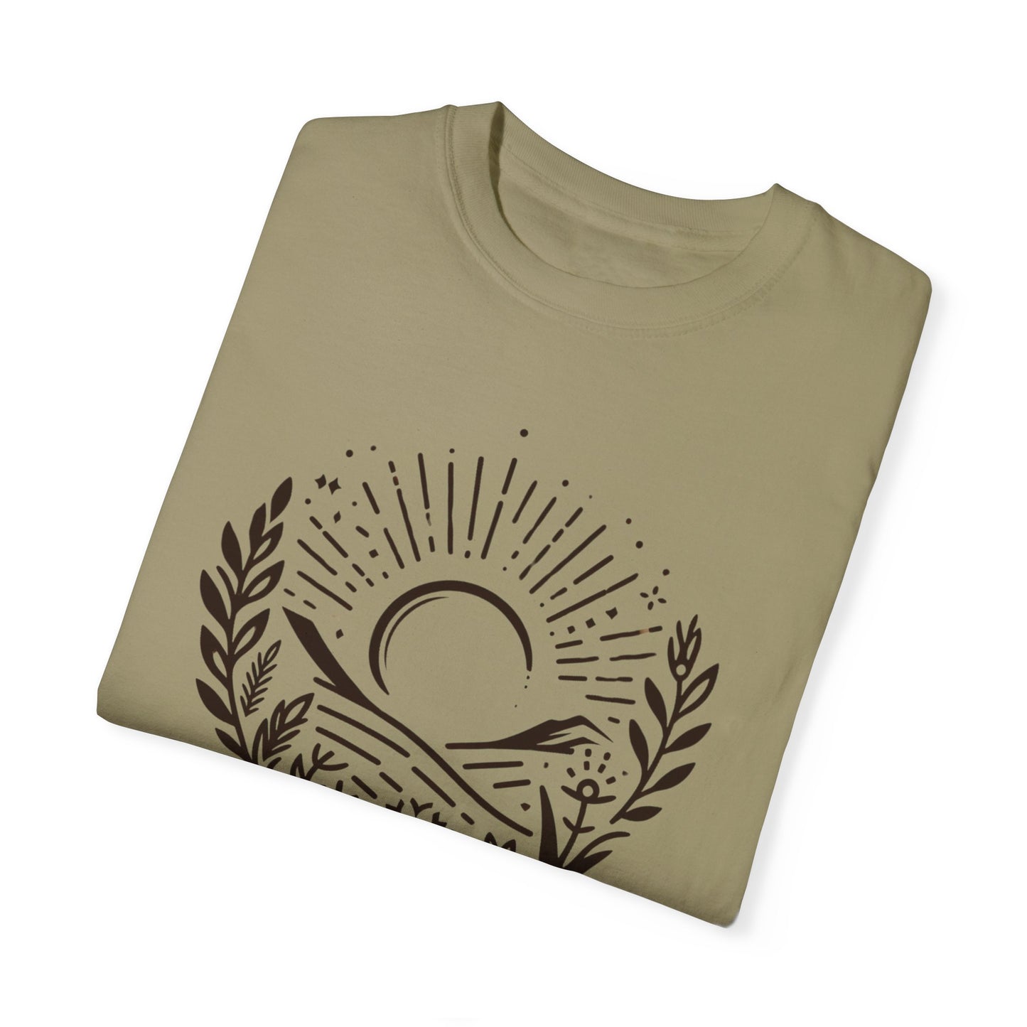 Unisex Garment-Dyed T-Shirt with Sunset and Floral Design - Relaxed Vibe for Nature Lovers