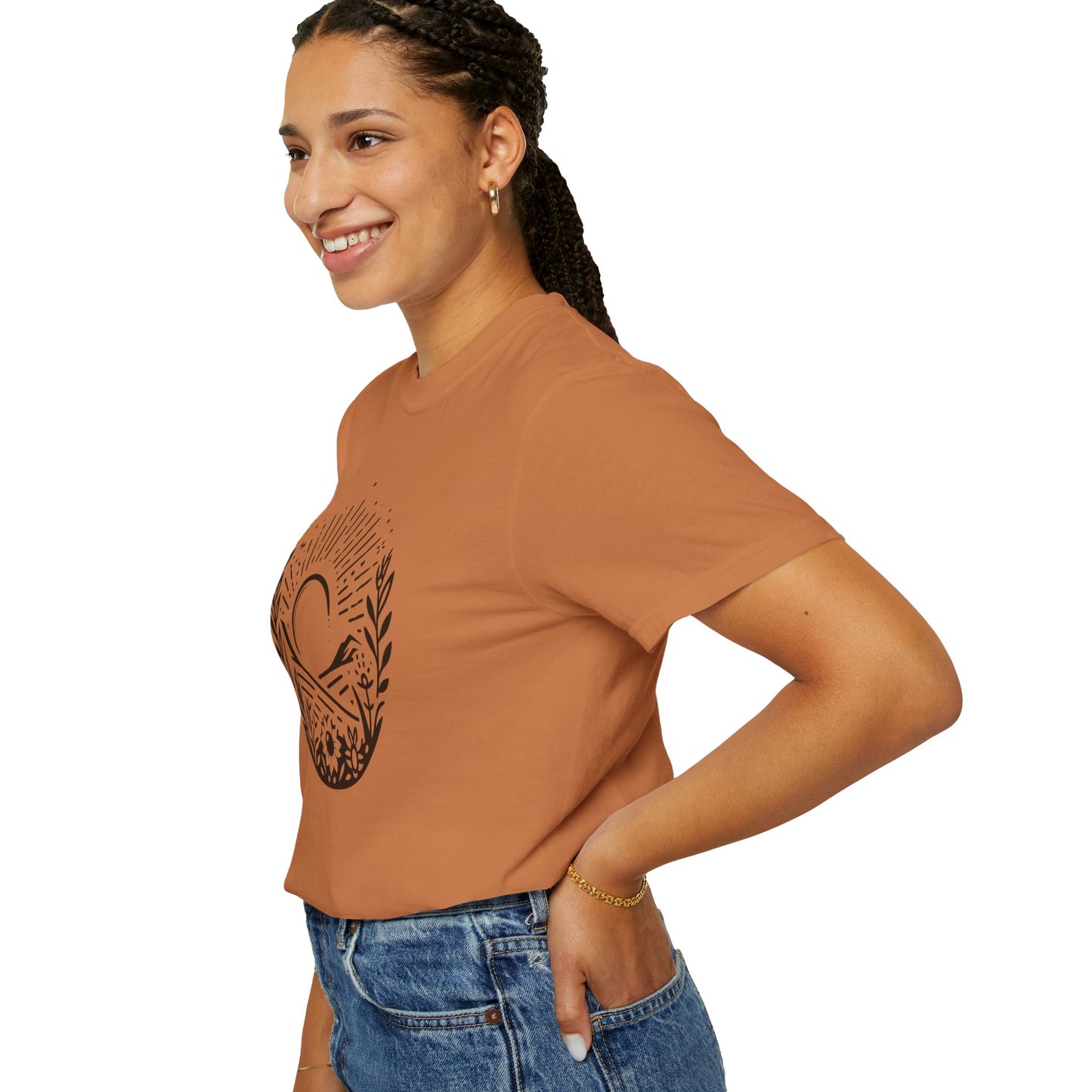 Unisex Garment-Dyed T-Shirt with Sunset and Floral Design - Relaxed Vibe for Nature Lovers