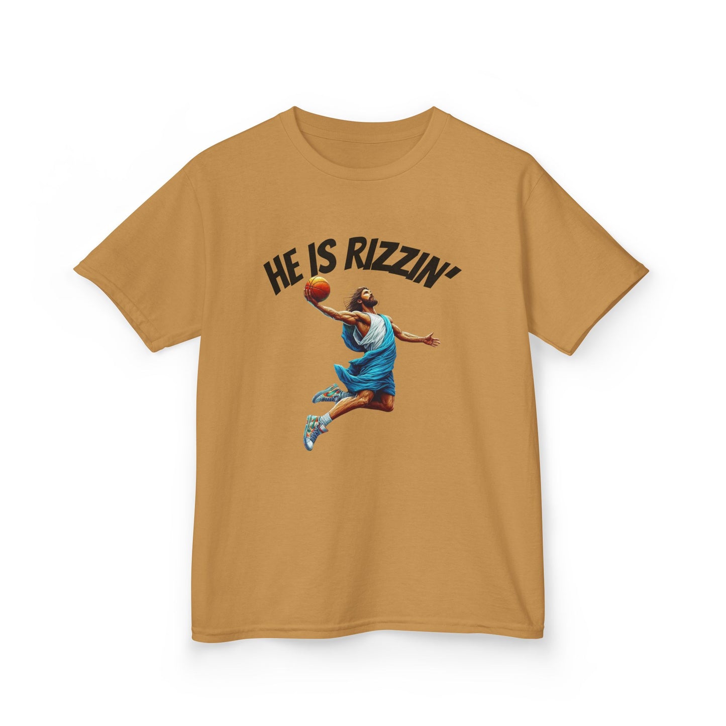 Kids Basketball Tee - "He Is Rizzin'" Heavy Cotton T-Shirt for Young Athletes
