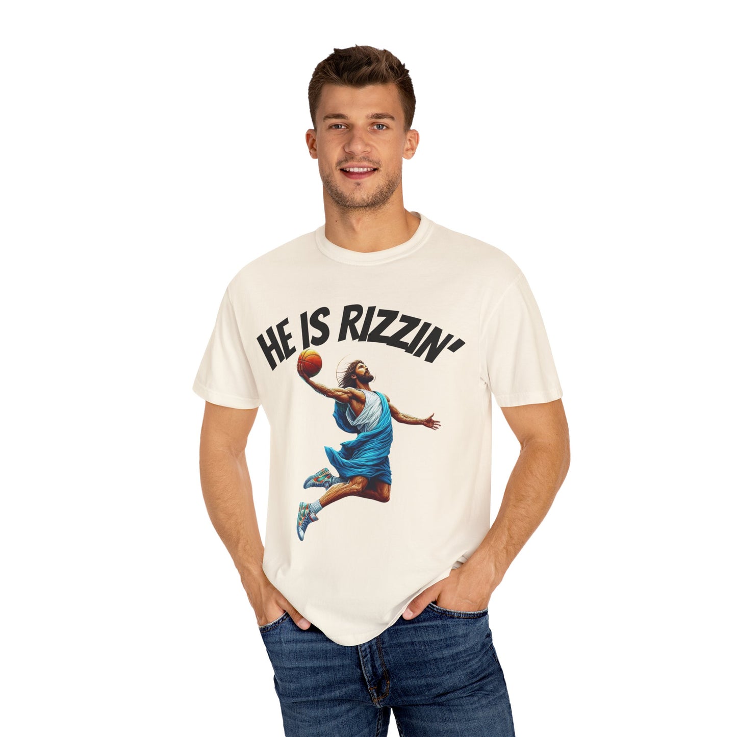 He Is Rizzin' Unisex Garment-Dyed T-Shirt | Trendy Basketball Tee for Sports Lovers