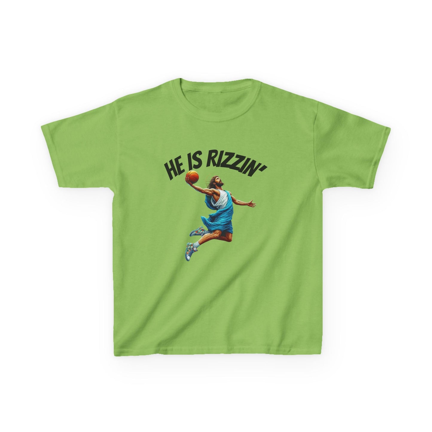 Kids Basketball Tee - "He Is Rizzin'" Heavy Cotton T-Shirt for Young Athletes