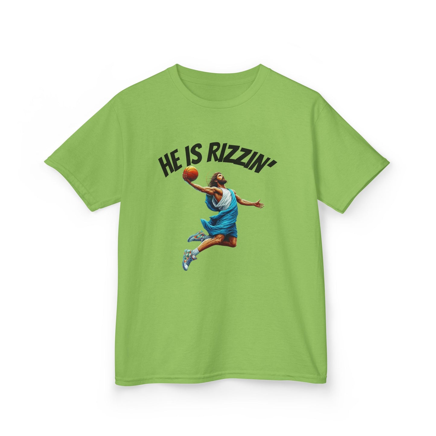 Kids Basketball Tee - "He Is Rizzin'" Heavy Cotton T-Shirt for Young Athletes