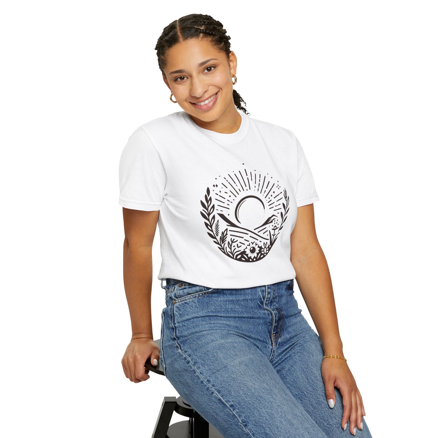Unisex Garment-Dyed T-Shirt with Sunset and Floral Design - Relaxed Vibe for Nature Lovers