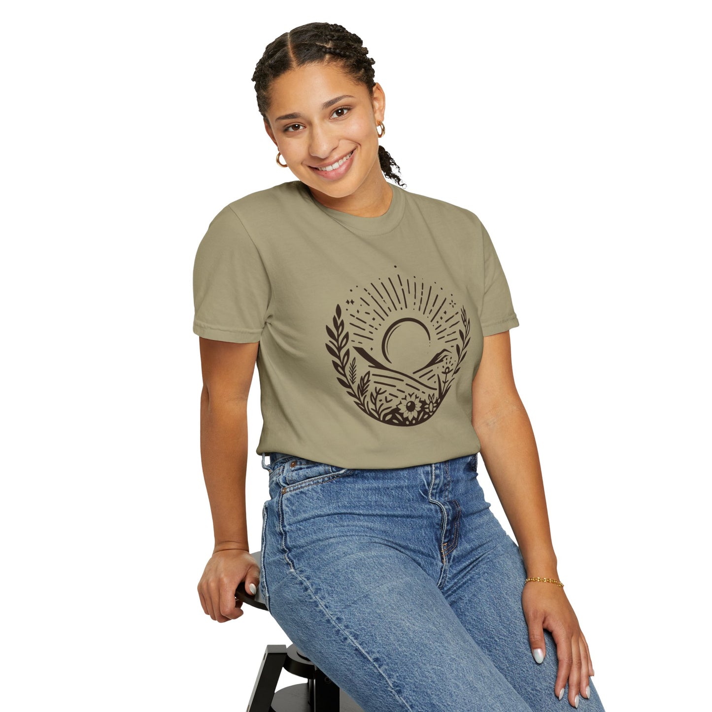 Unisex Garment-Dyed T-Shirt with Sunset and Floral Design - Relaxed Vibe for Nature Lovers