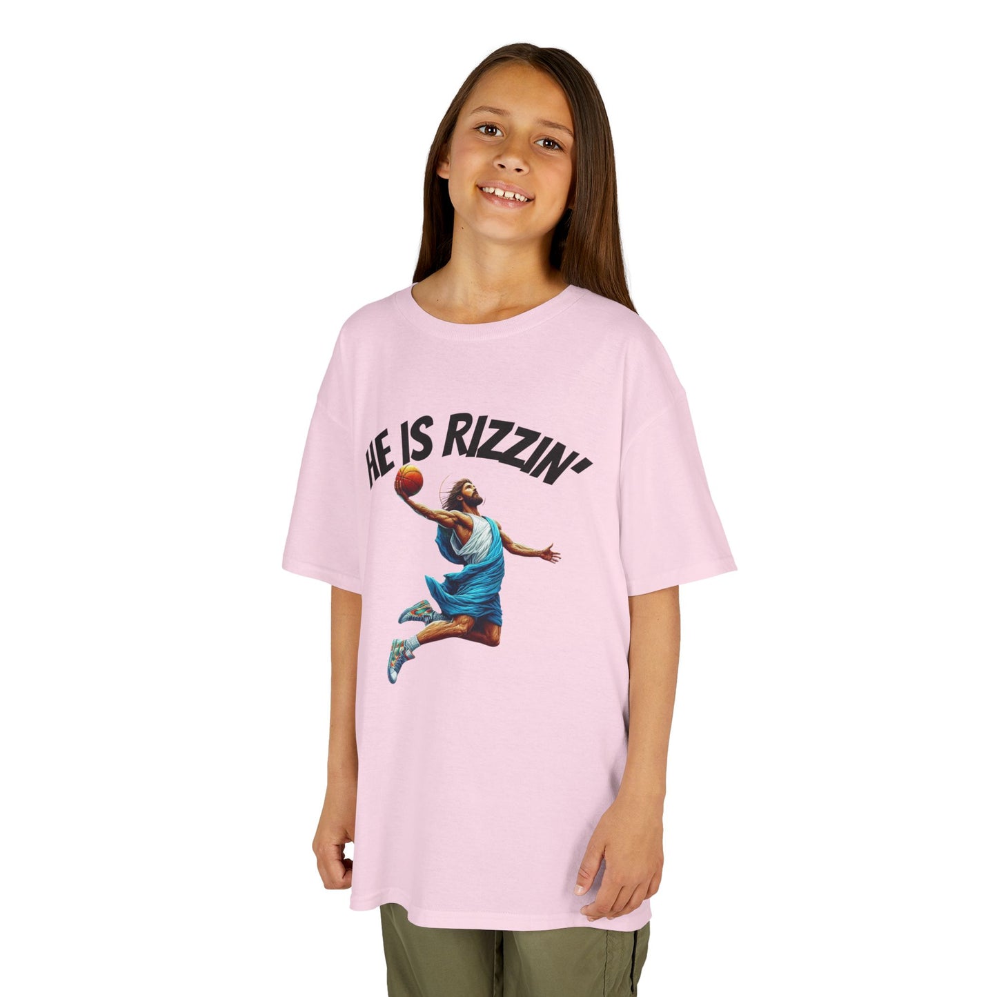 Kids Basketball Tee - "He Is Rizzin'" Heavy Cotton T-Shirt for Young Athletes
