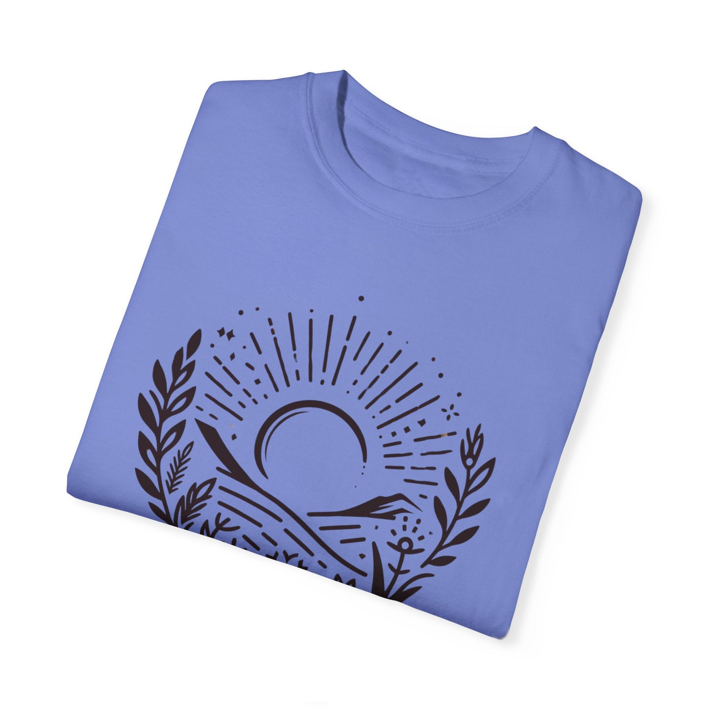 Unisex Garment-Dyed T-Shirt with Sunset and Floral Design - Relaxed Vibe for Nature Lovers