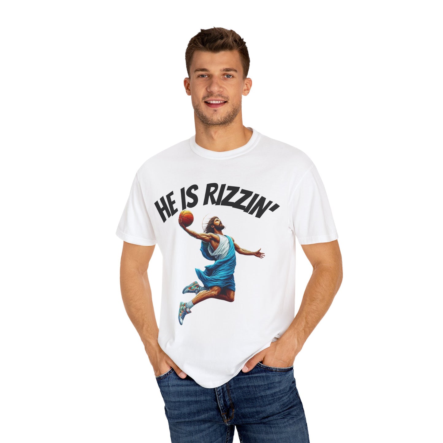 He Is Rizzin' Unisex Garment-Dyed T-Shirt | Trendy Basketball Tee for Sports Lovers