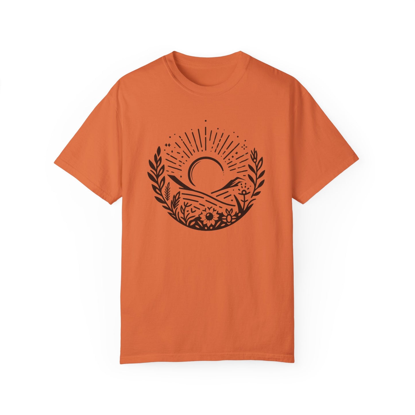 Unisex Garment-Dyed T-Shirt with Sunset and Floral Design - Relaxed Vibe for Nature Lovers