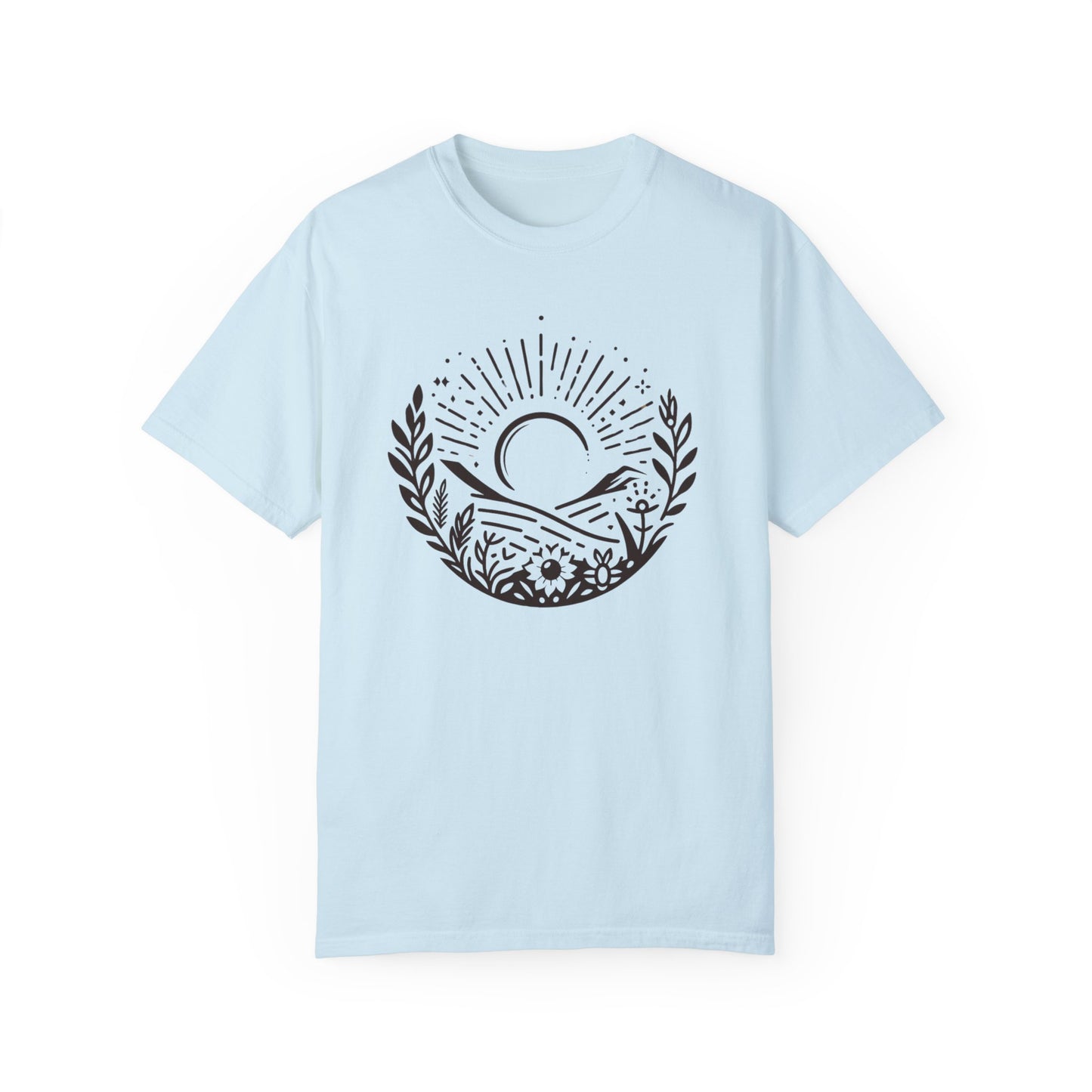 Unisex Garment-Dyed T-Shirt with Sunset and Floral Design - Relaxed Vibe for Nature Lovers