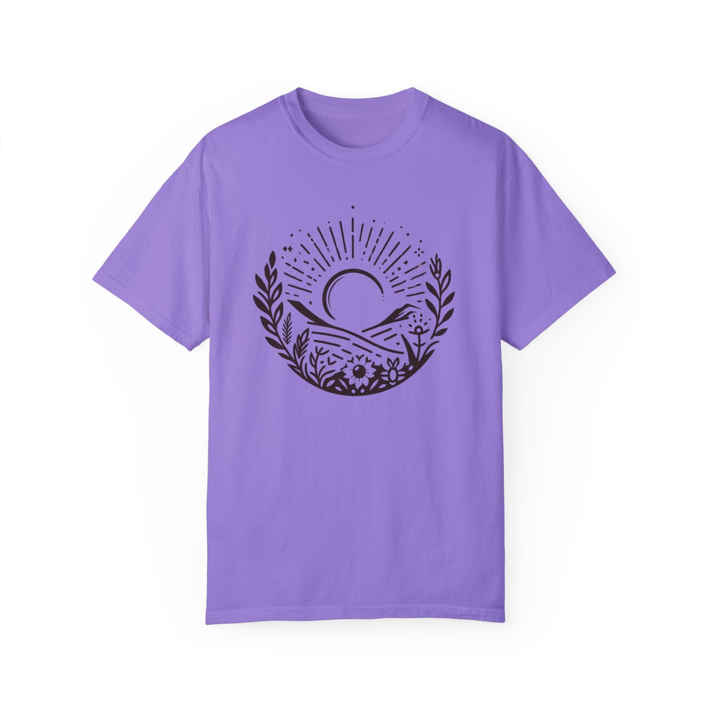 Unisex Garment-Dyed T-Shirt with Sunset and Floral Design - Relaxed Vibe for Nature Lovers