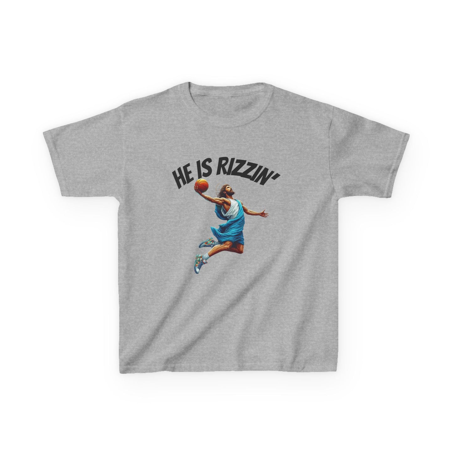 Kids Basketball Tee - "He Is Rizzin'" Heavy Cotton T-Shirt for Young Athletes