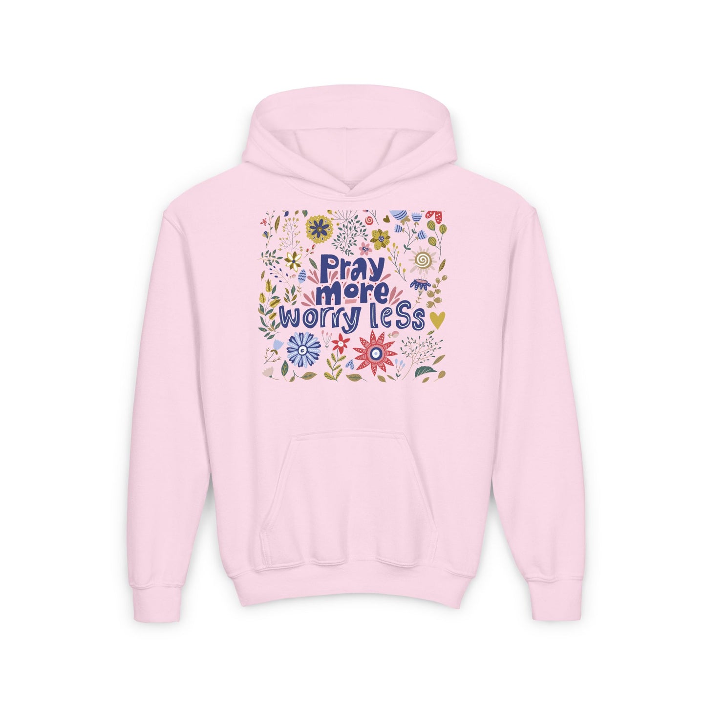 Youth Heavy Blend Hooded Sweatshirt - "Pray More, Worry Less" Floral Design