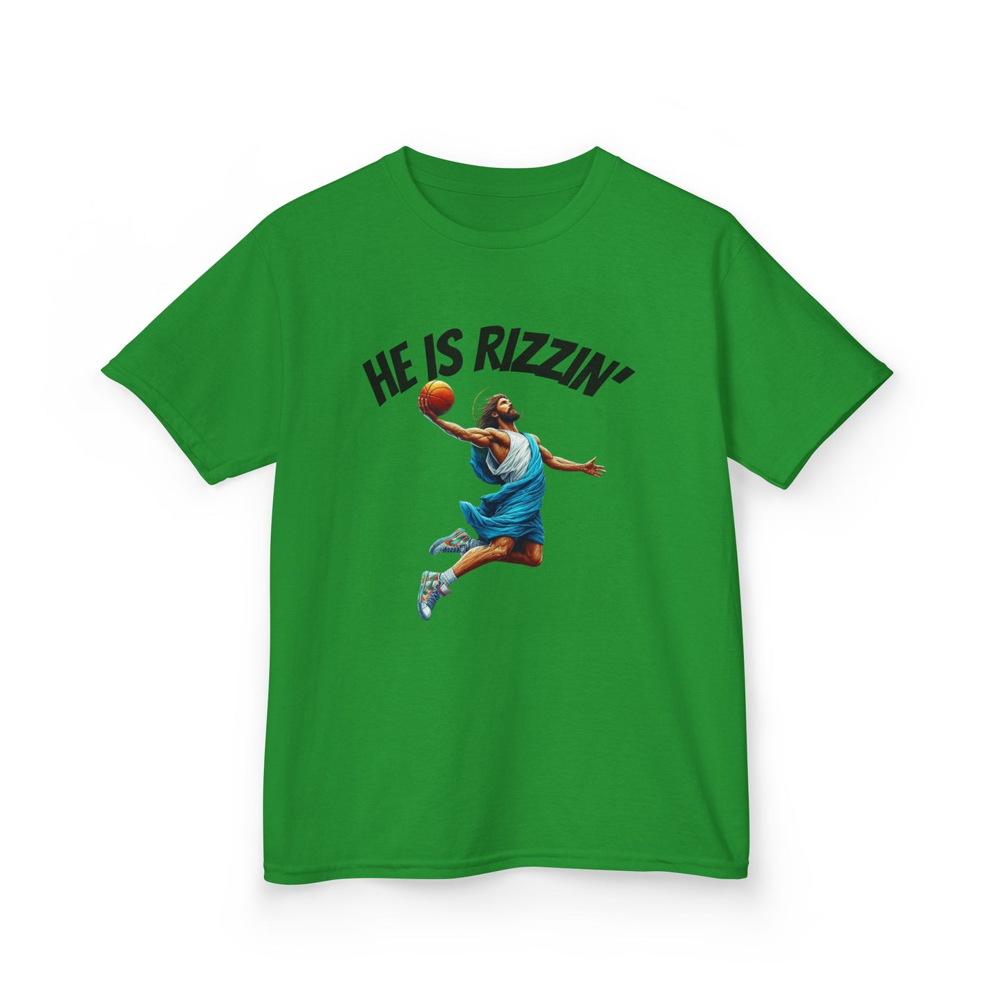 Kids Basketball Tee - "He Is Rizzin'" Heavy Cotton T-Shirt for Young Athletes