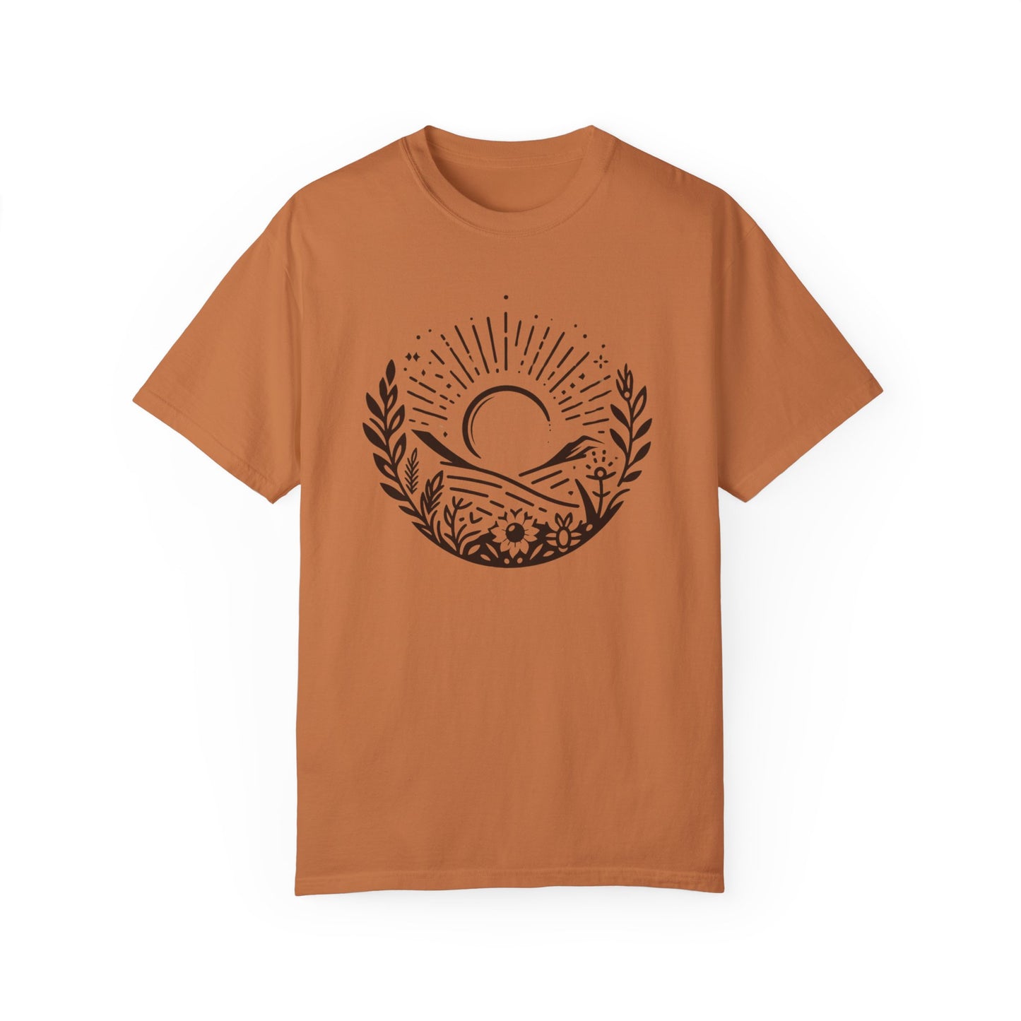 Unisex Garment-Dyed T-Shirt with Sunset and Floral Design - Relaxed Vibe for Nature Lovers