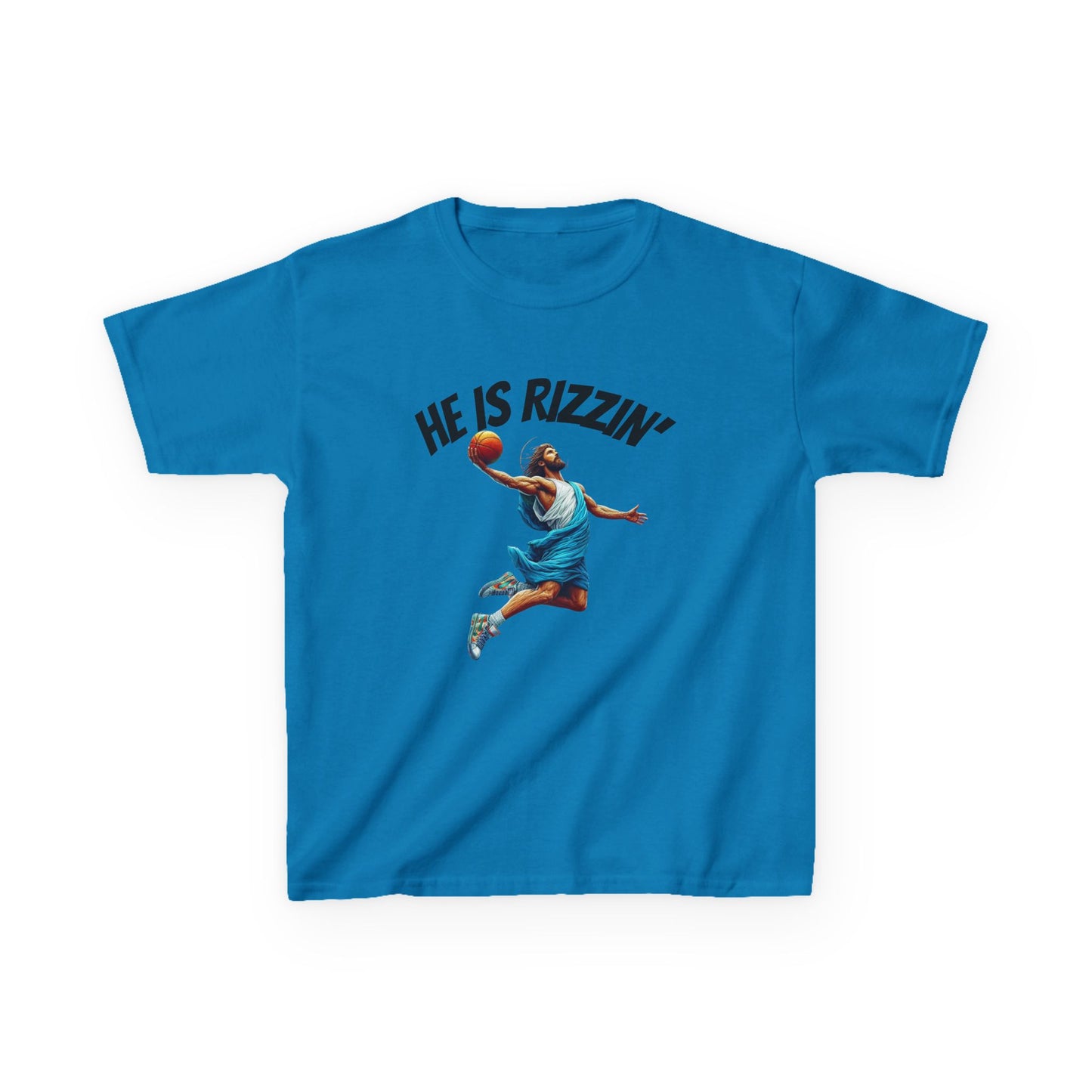 Kids Basketball Tee - "He Is Rizzin'" Heavy Cotton T-Shirt for Young Athletes