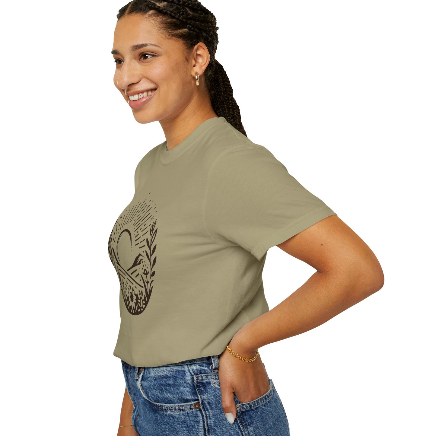 Unisex Garment-Dyed T-Shirt with Sunset and Floral Design - Relaxed Vibe for Nature Lovers