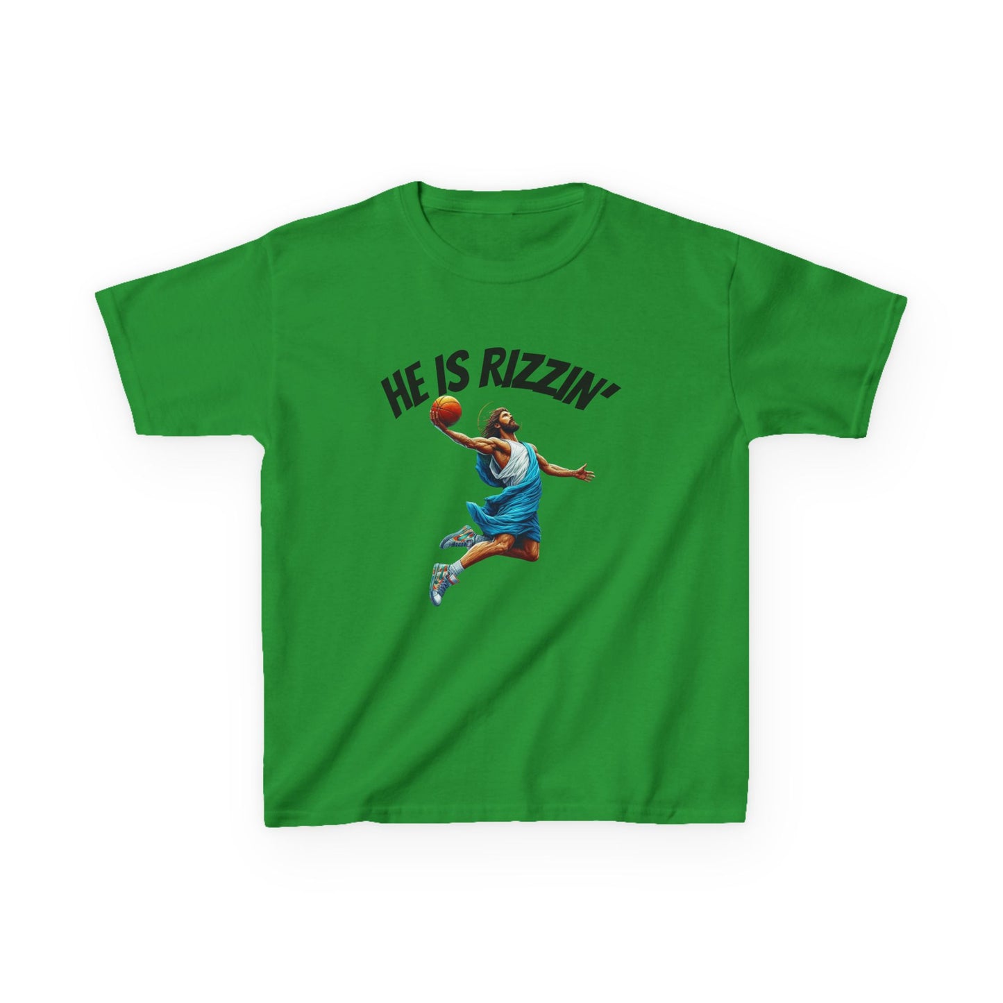 Kids Basketball Tee - "He Is Rizzin'" Heavy Cotton T-Shirt for Young Athletes