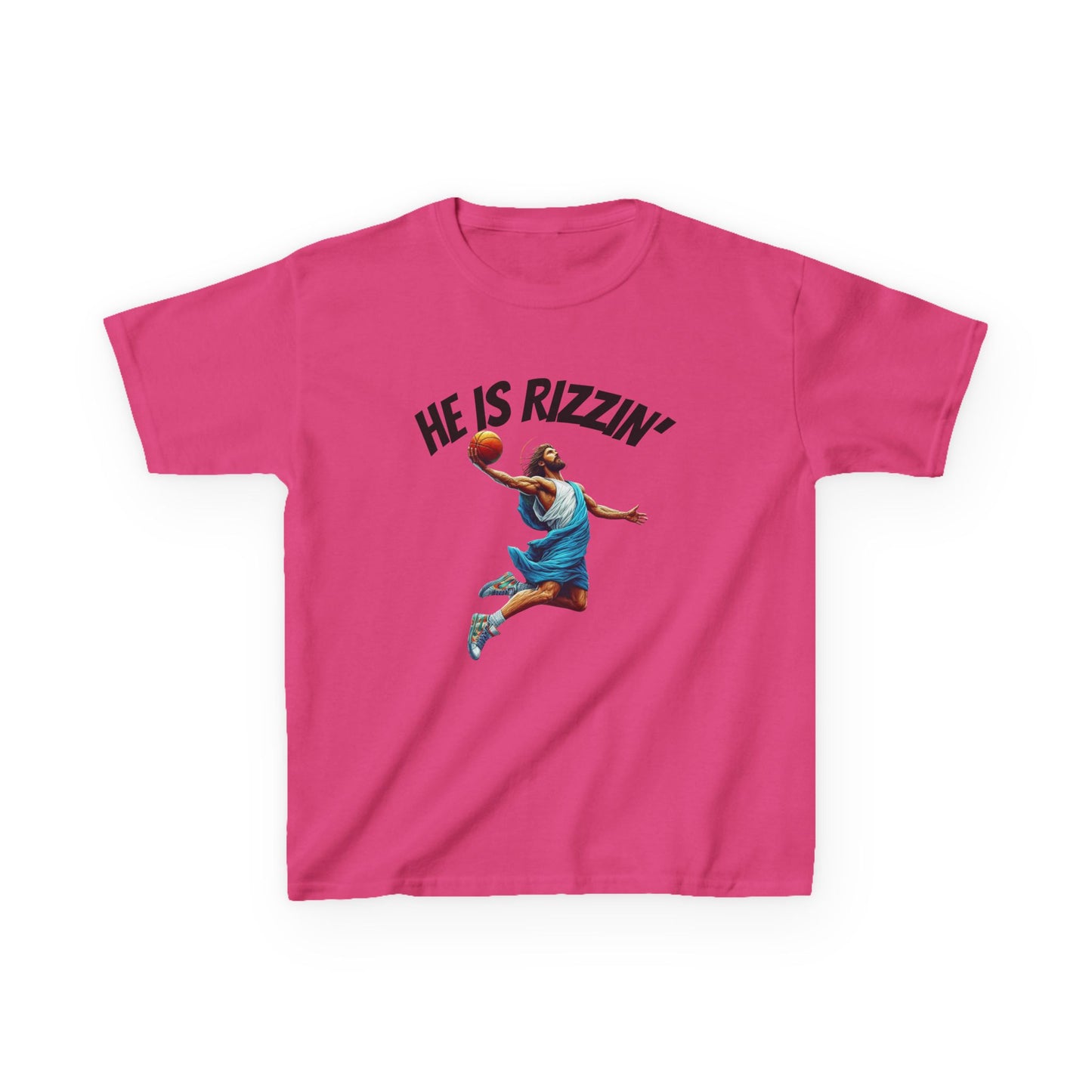 Kids Basketball Tee - "He Is Rizzin'" Heavy Cotton T-Shirt for Young Athletes