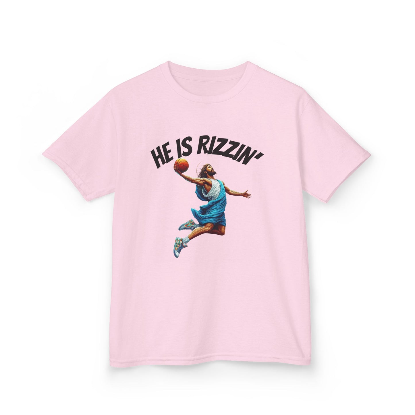 Kids Basketball Tee - "He Is Rizzin'" Heavy Cotton T-Shirt for Young Athletes