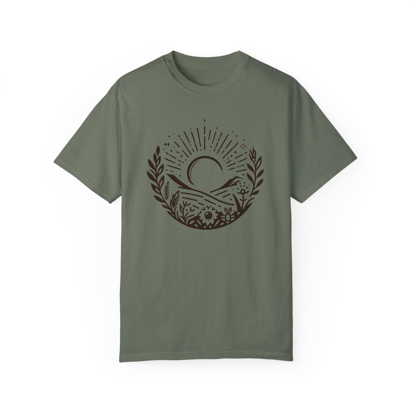 Unisex Garment-Dyed T-Shirt with Sunset and Floral Design - Relaxed Vibe for Nature Lovers