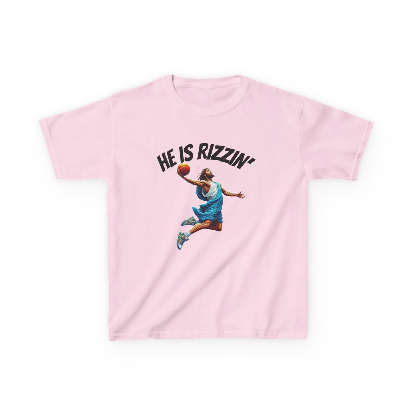 Kids Basketball Tee - "He Is Rizzin'" Heavy Cotton T-Shirt for Young Athletes