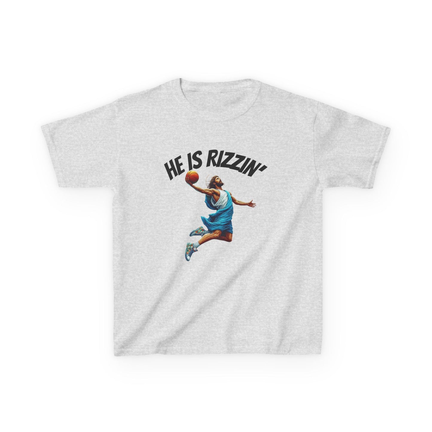 Kids Basketball Tee - "He Is Rizzin'" Heavy Cotton T-Shirt for Young Athletes