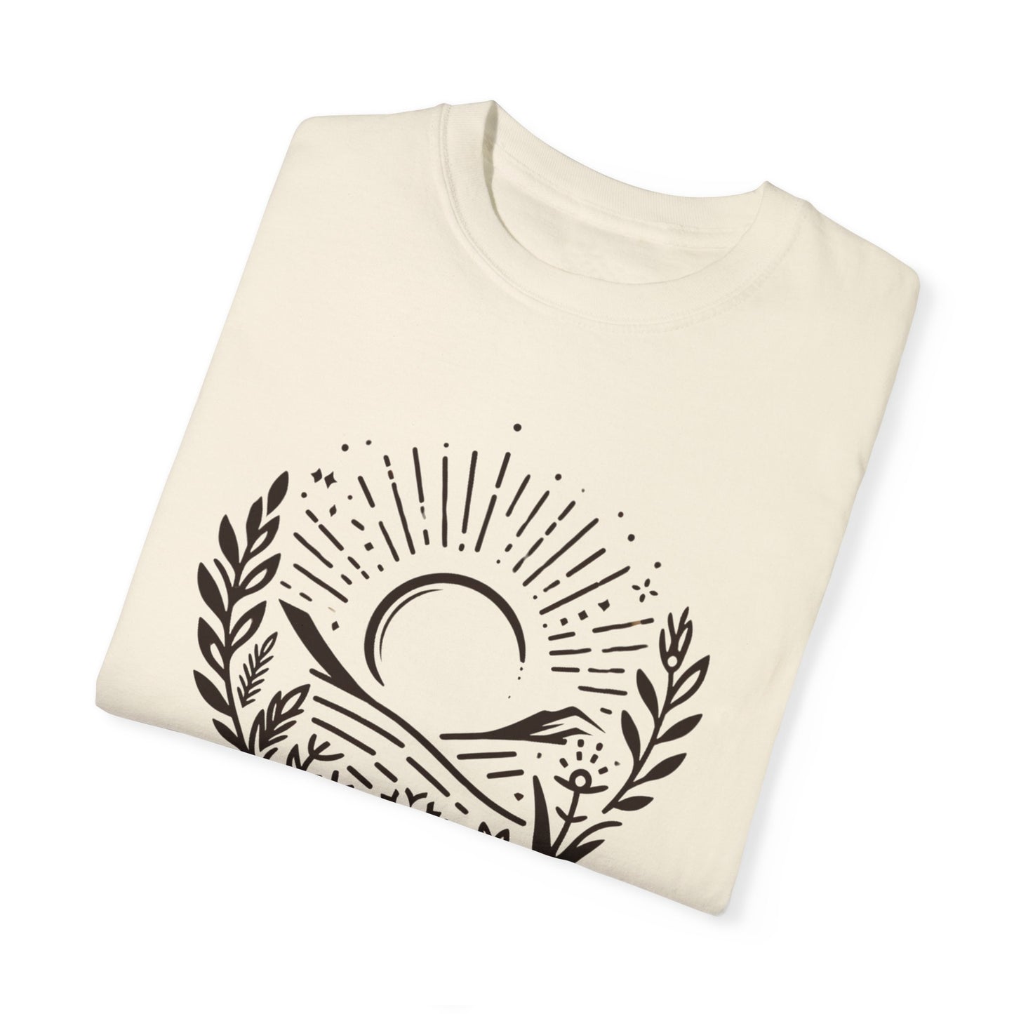 Unisex Garment-Dyed T-Shirt with Sunset and Floral Design - Relaxed Vibe for Nature Lovers