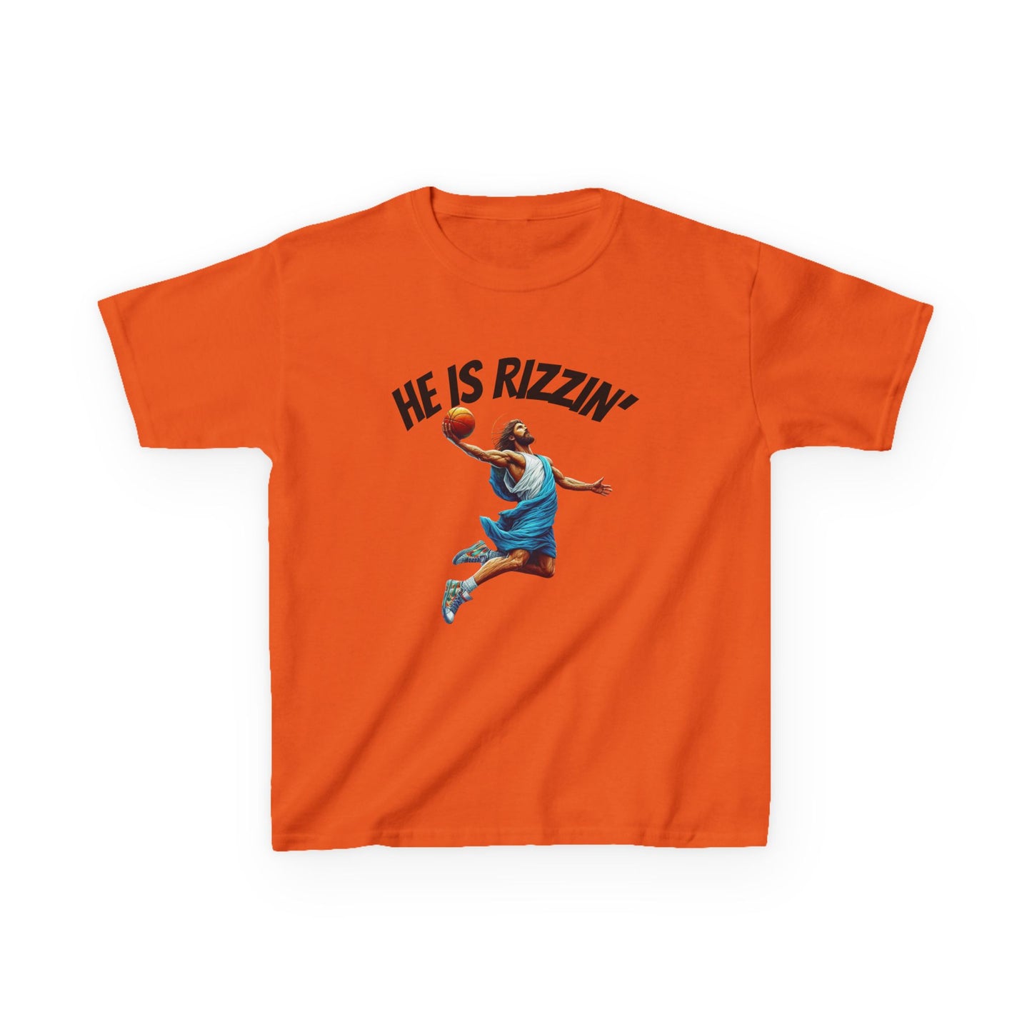 Kids Basketball Tee - "He Is Rizzin'" Heavy Cotton T-Shirt for Young Athletes