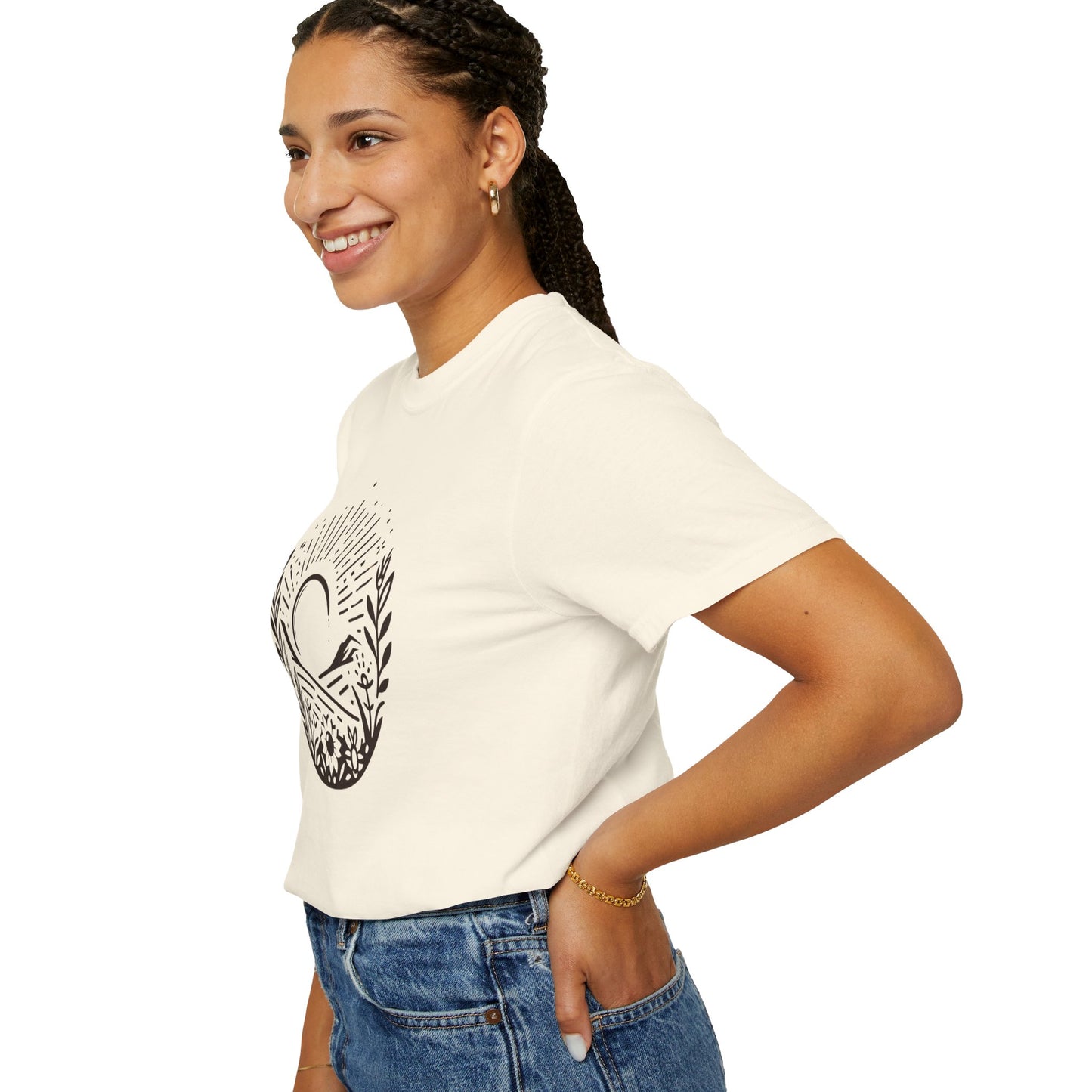 Unisex Garment-Dyed T-Shirt with Sunset and Floral Design - Relaxed Vibe for Nature Lovers