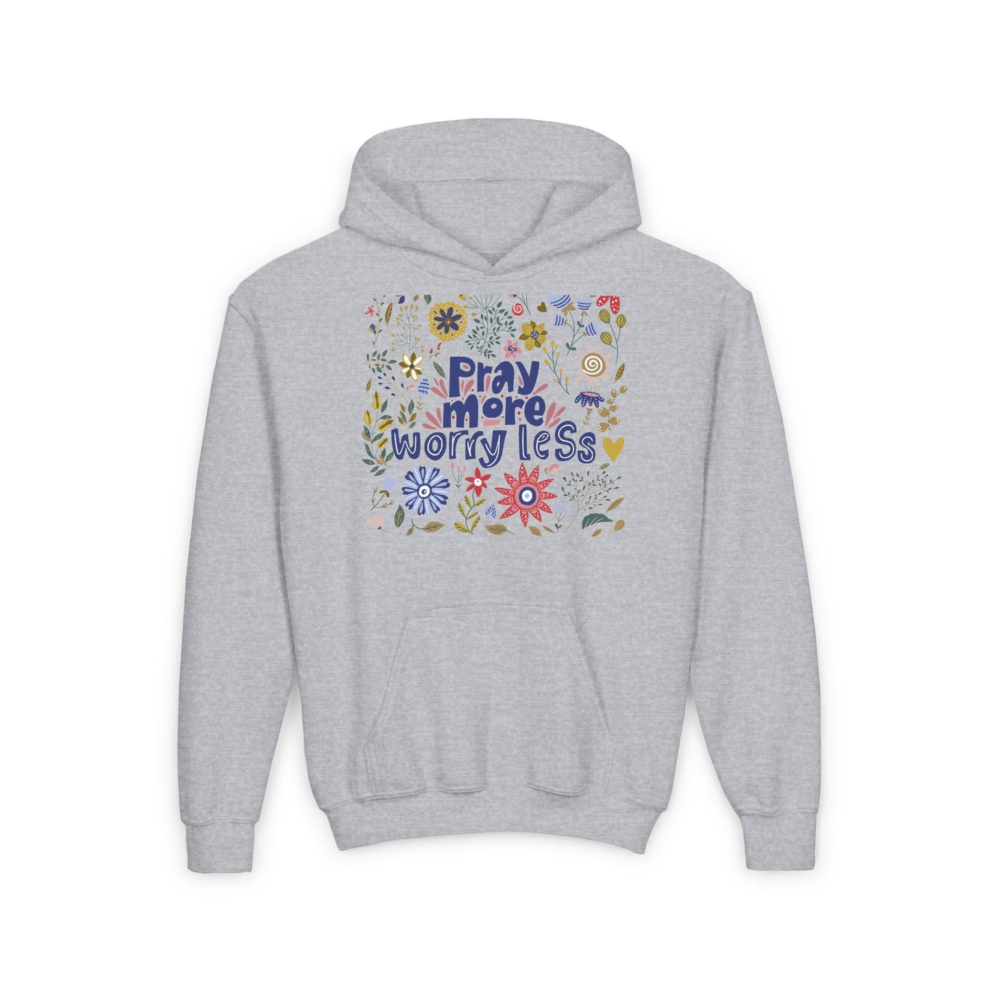 Youth Heavy Blend Hooded Sweatshirt - "Pray More, Worry Less" Floral Design