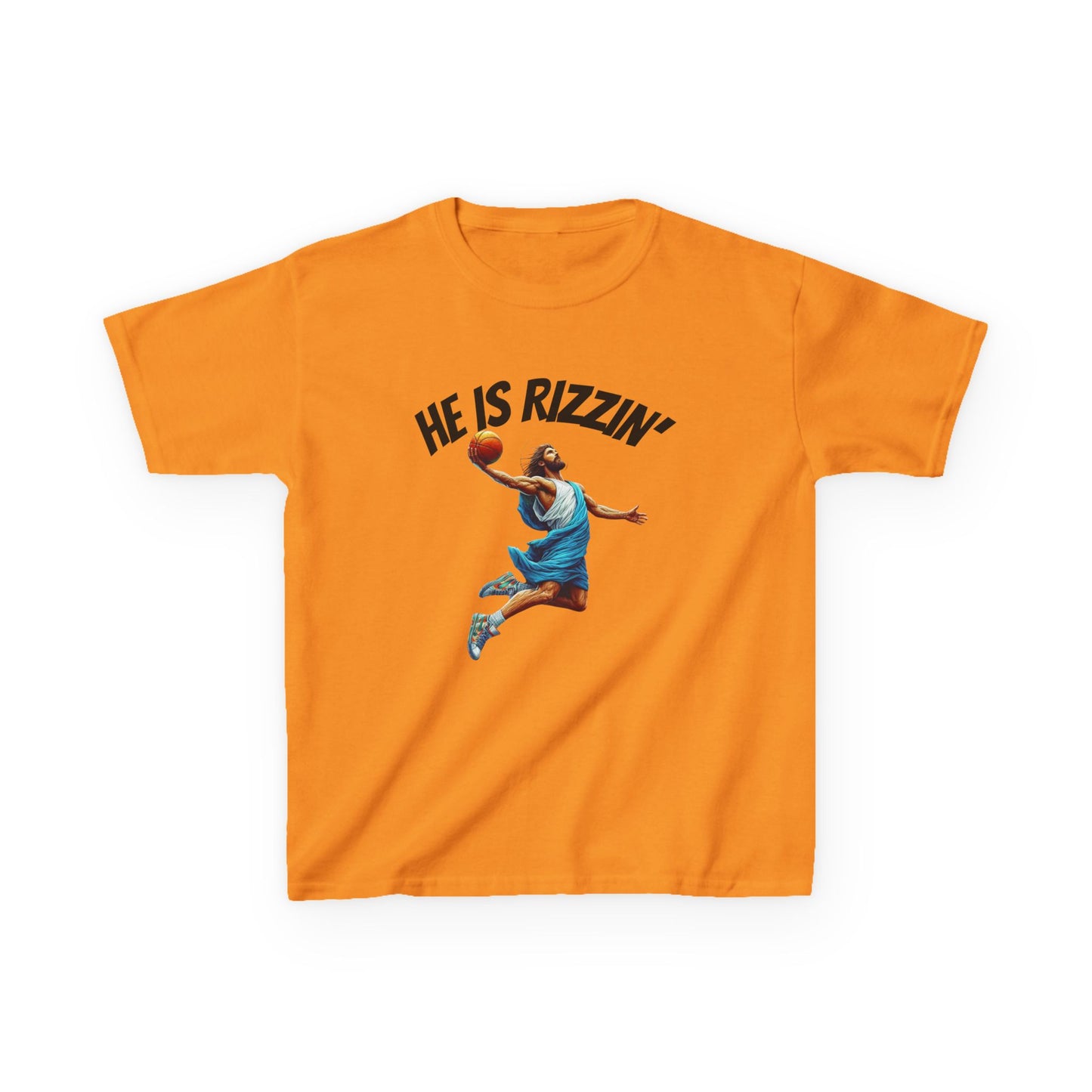 Kids Basketball Tee - "He Is Rizzin'" Heavy Cotton T-Shirt for Young Athletes