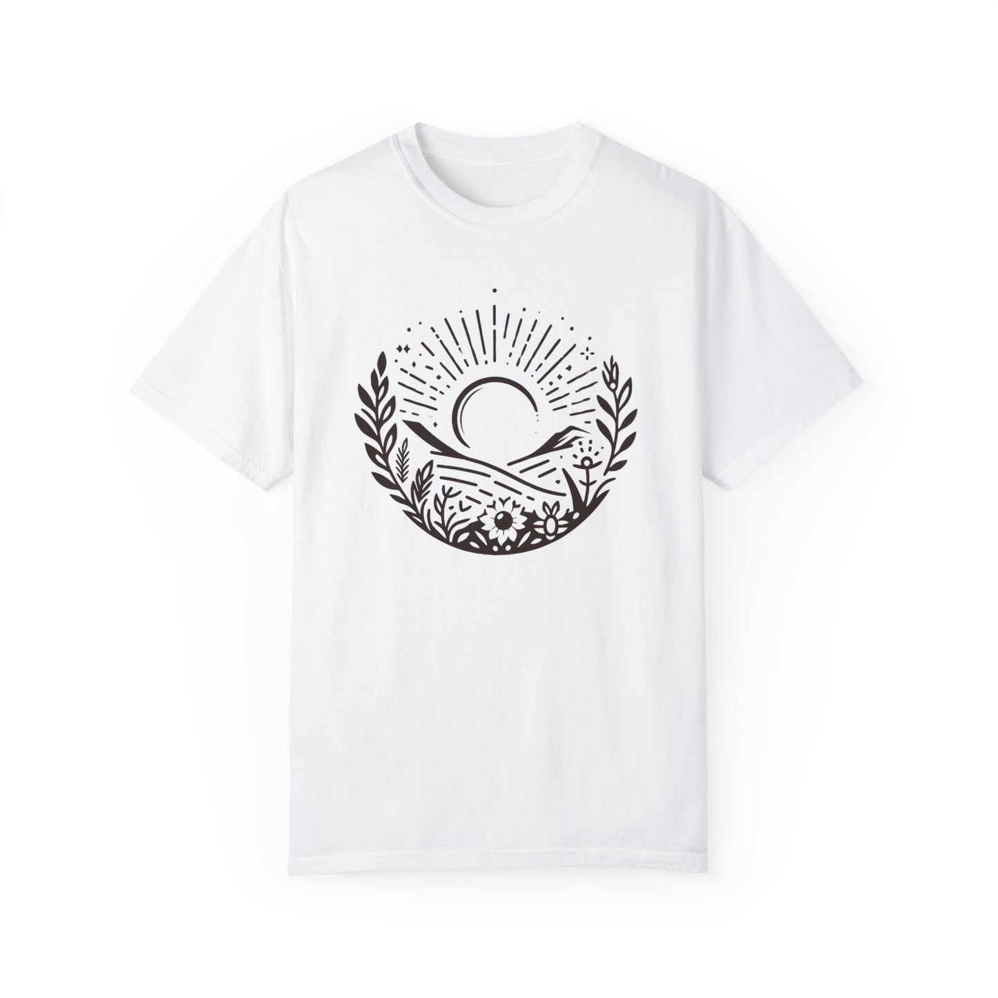 Unisex Garment-Dyed T-Shirt with Sunset and Floral Design - Relaxed Vibe for Nature Lovers