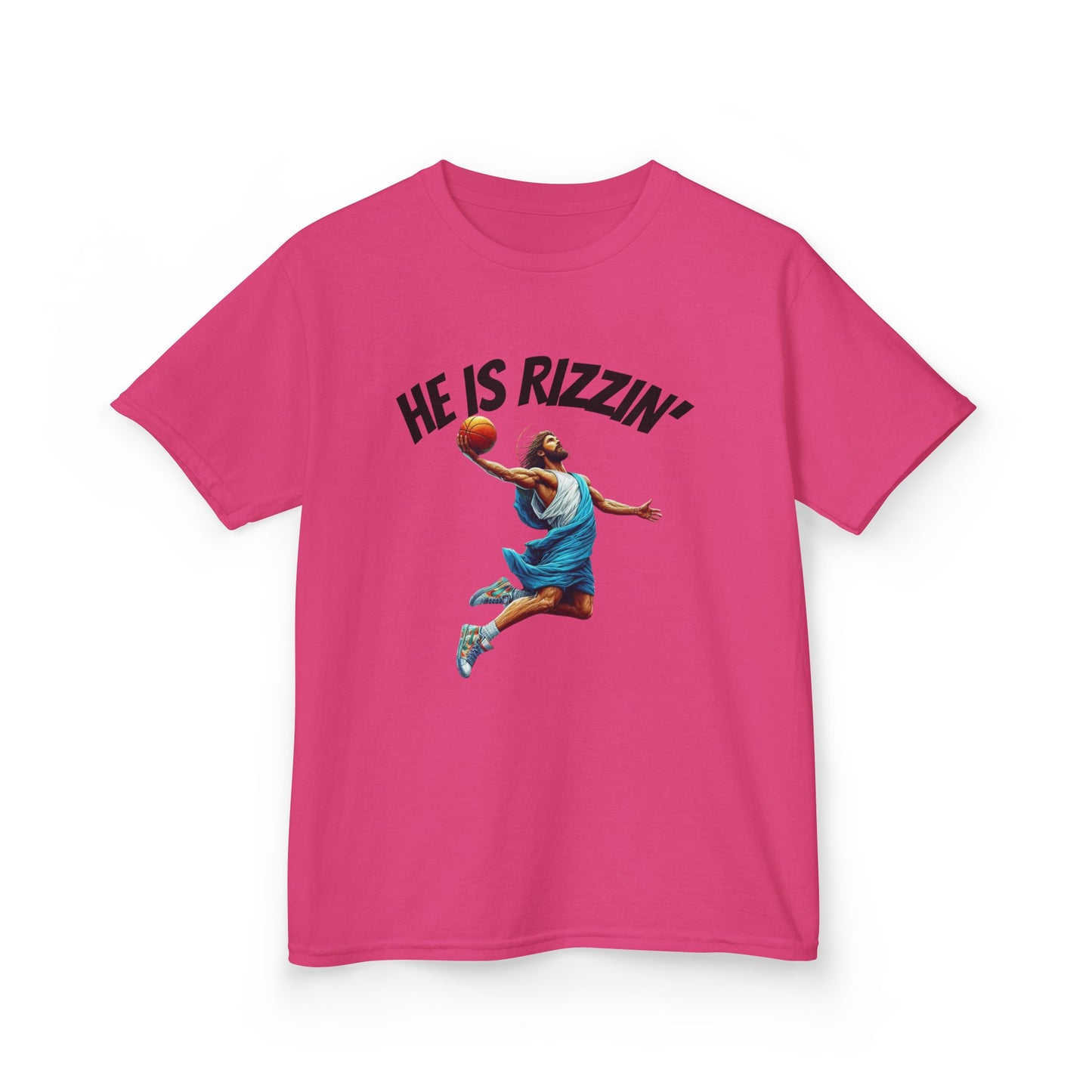 Kids Basketball Tee - "He Is Rizzin'" Heavy Cotton T-Shirt for Young Athletes