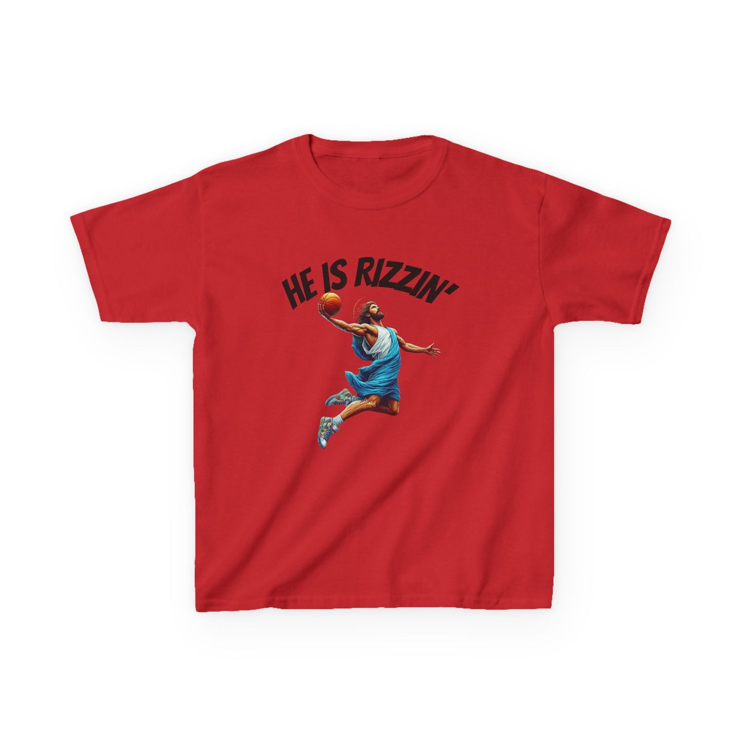 Kids Basketball Tee - "He Is Rizzin'" Heavy Cotton T-Shirt for Young Athletes