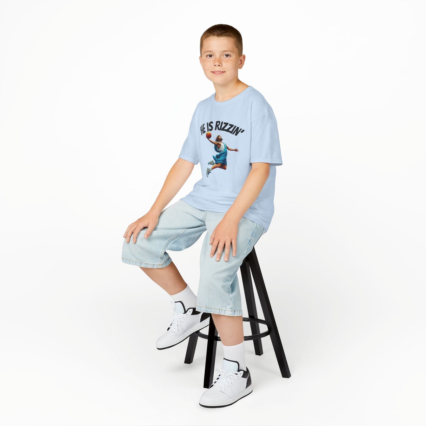 Kids Basketball Tee - "He Is Rizzin'" Heavy Cotton T-Shirt for Young Athletes
