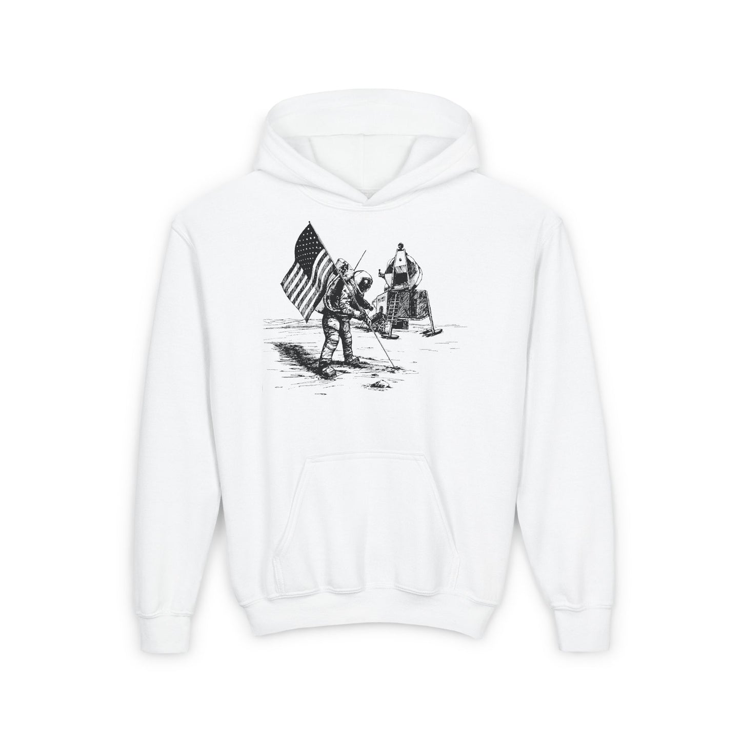 Black and White Moon Landing - Youth Heavy Blend Hooded Sweatshirt