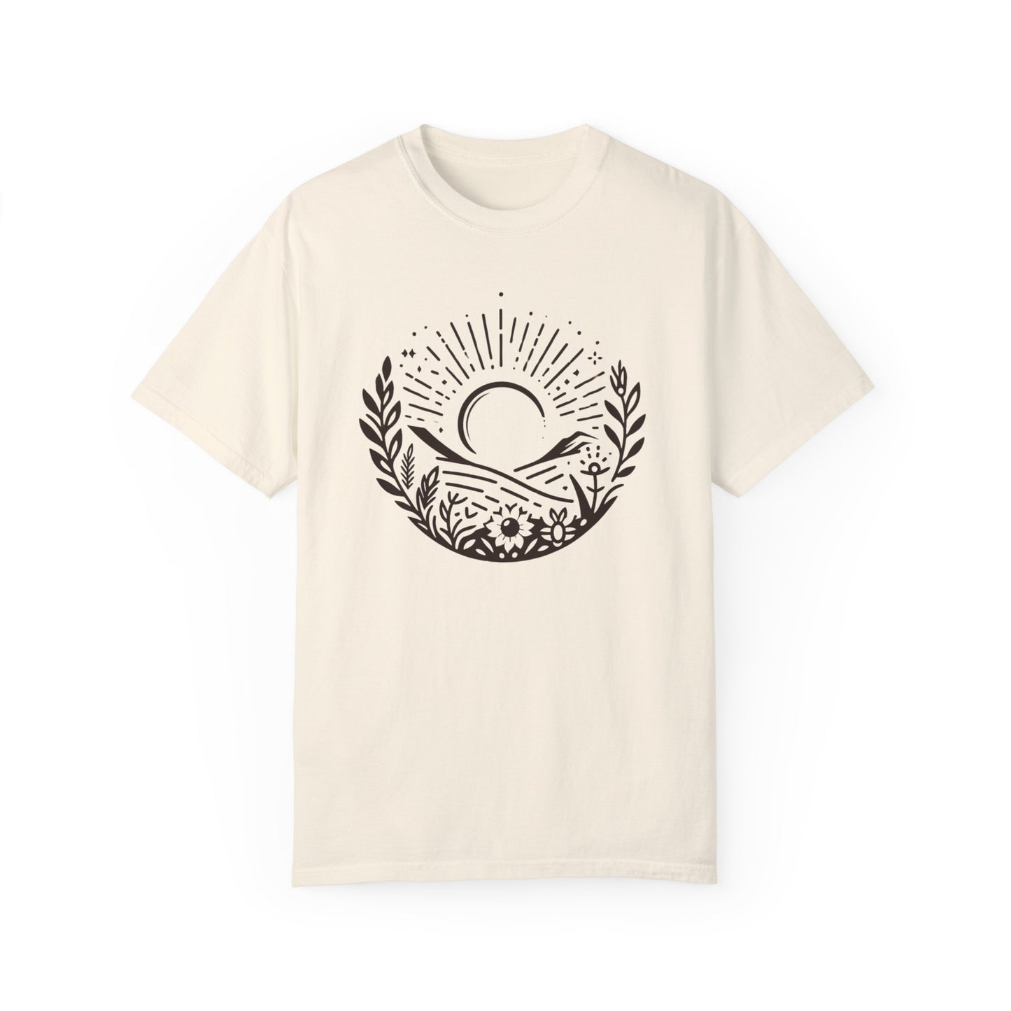Unisex Garment-Dyed T-Shirt with Sunset and Floral Design - Relaxed Vibe for Nature Lovers