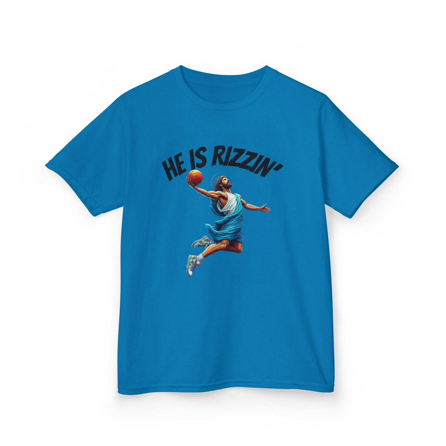 Kids Basketball Tee - "He Is Rizzin'" Heavy Cotton T-Shirt for Young Athletes