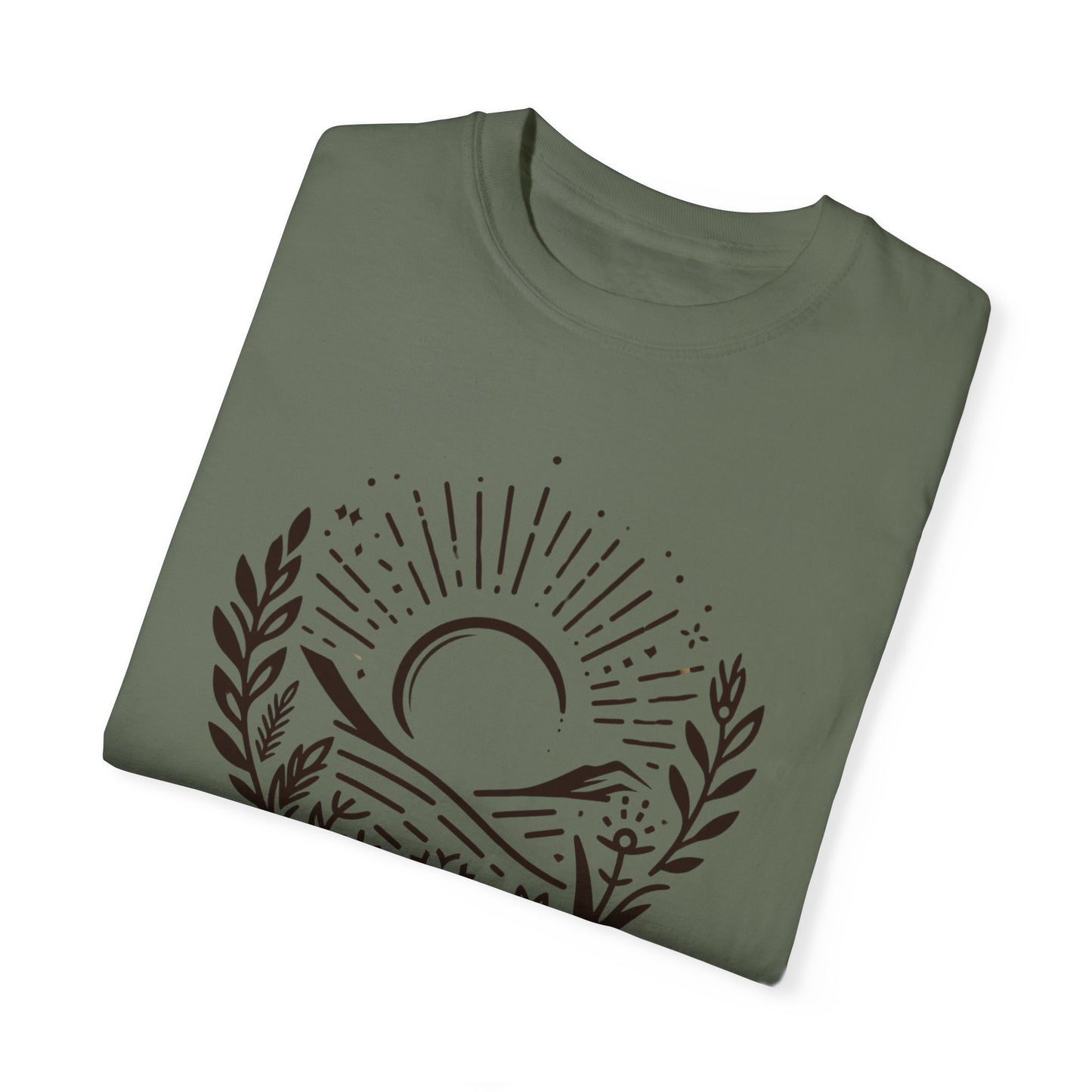Unisex Garment-Dyed T-Shirt with Sunset and Floral Design - Relaxed Vibe for Nature Lovers