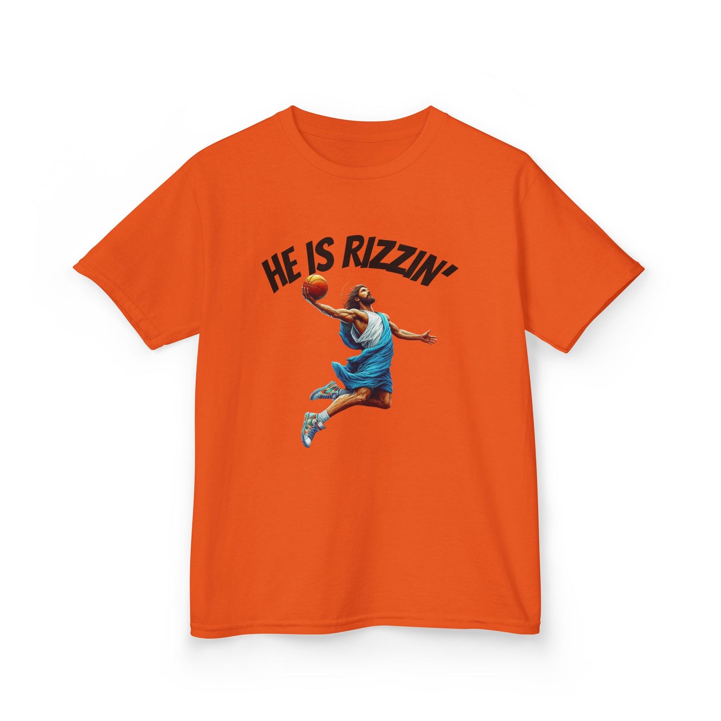 Kids Basketball Tee - "He Is Rizzin'" Heavy Cotton T-Shirt for Young Athletes