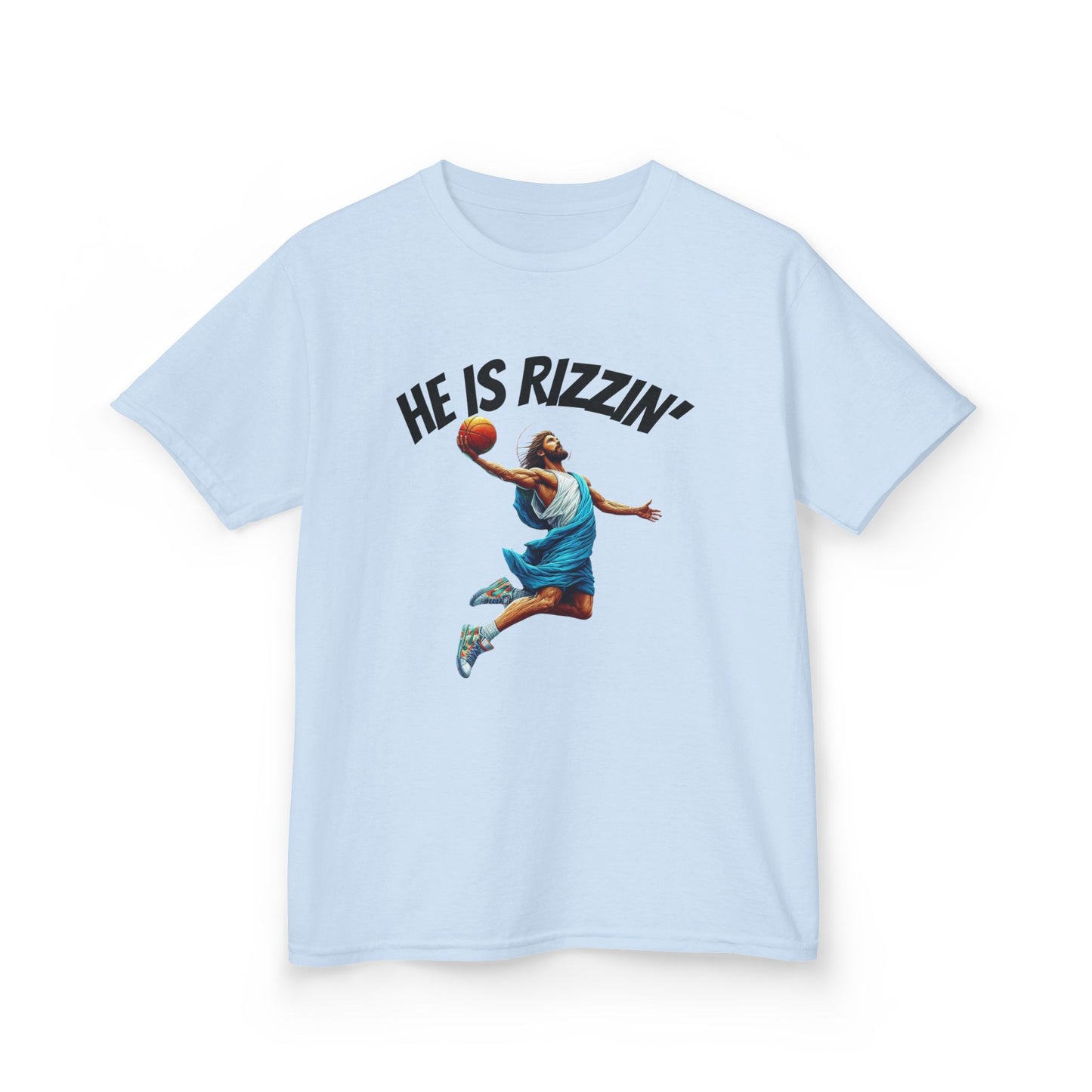 Kids Basketball Tee - "He Is Rizzin'" Heavy Cotton T-Shirt for Young Athletes