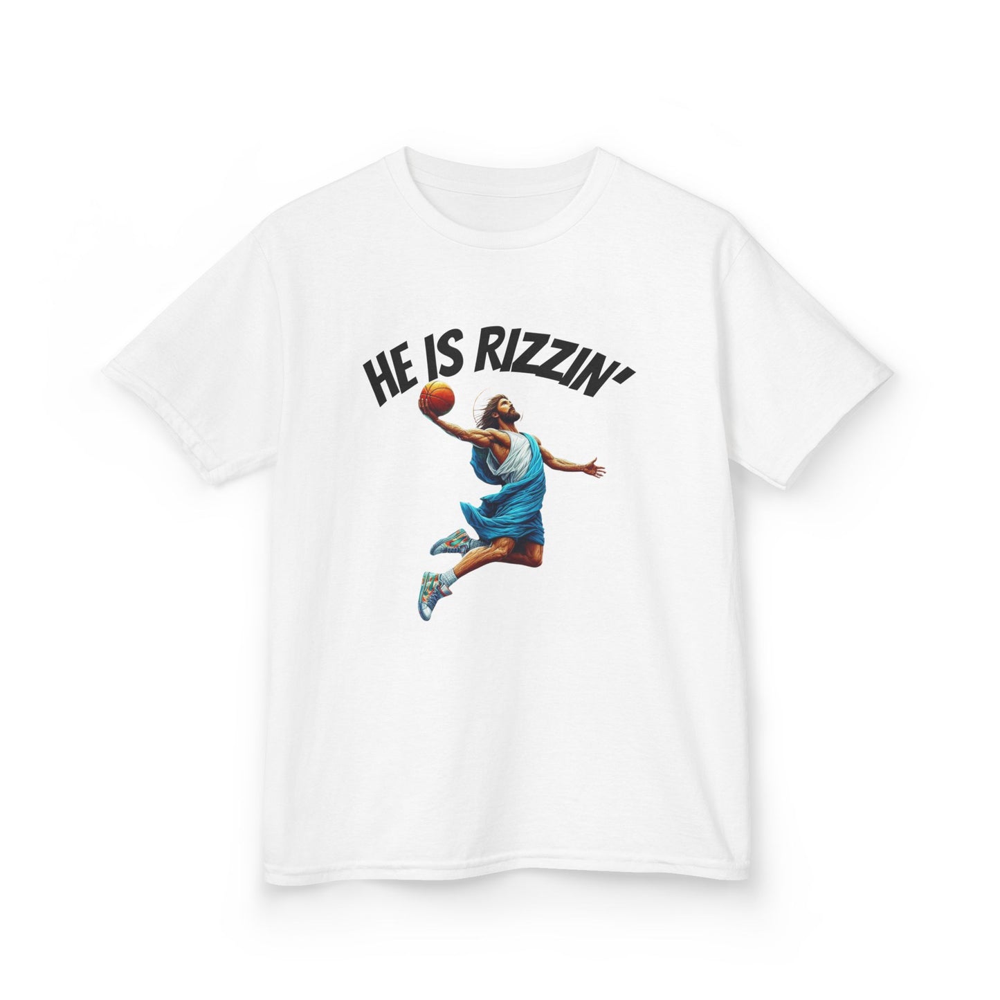 Kids Basketball Tee - "He Is Rizzin'" Heavy Cotton T-Shirt for Young Athletes